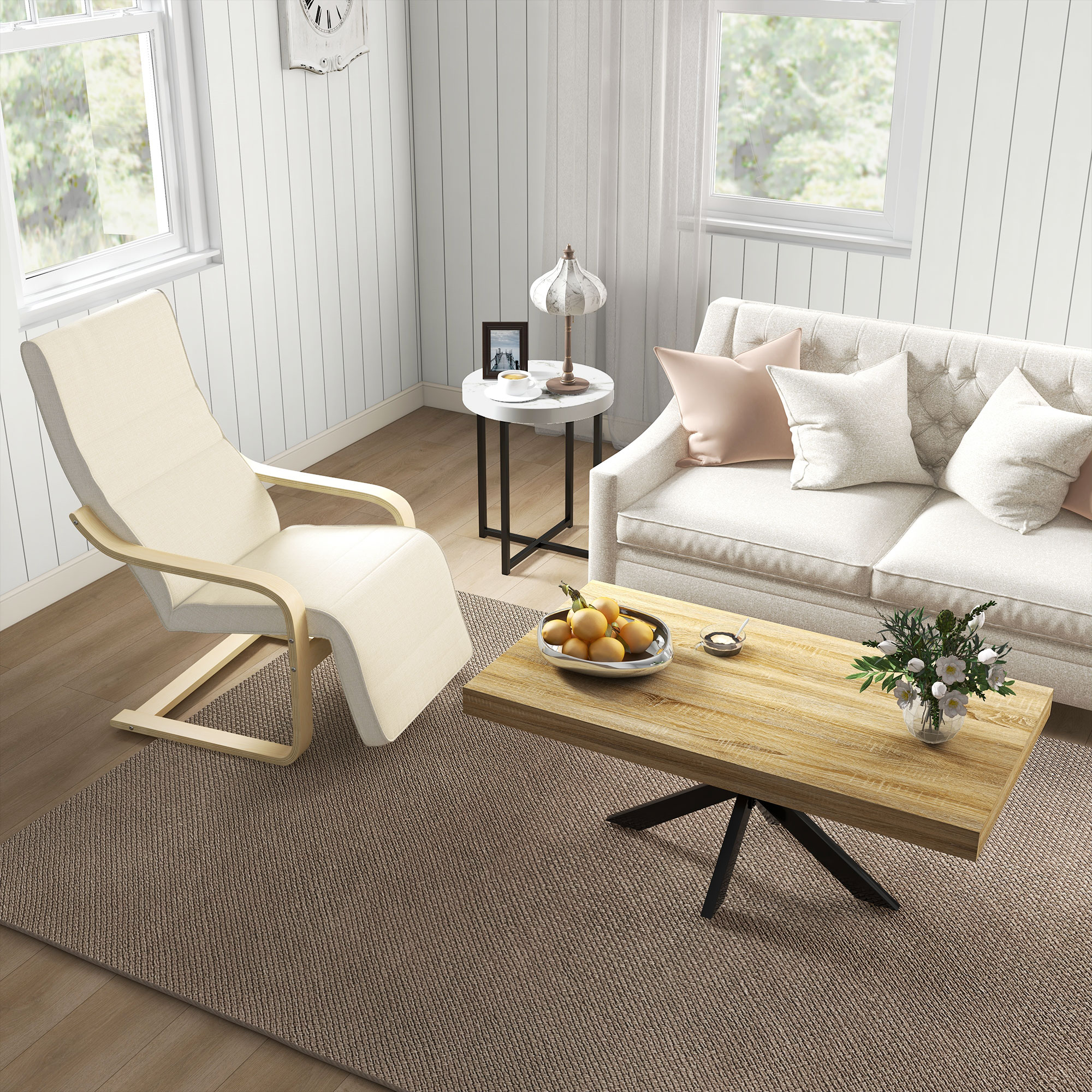 Liegestuhl mit Auflage, 5-stufige Fußstütze, Birkenholz, bis 120 kg, 66,5 x 94 x 100 cm, Cremeweiß