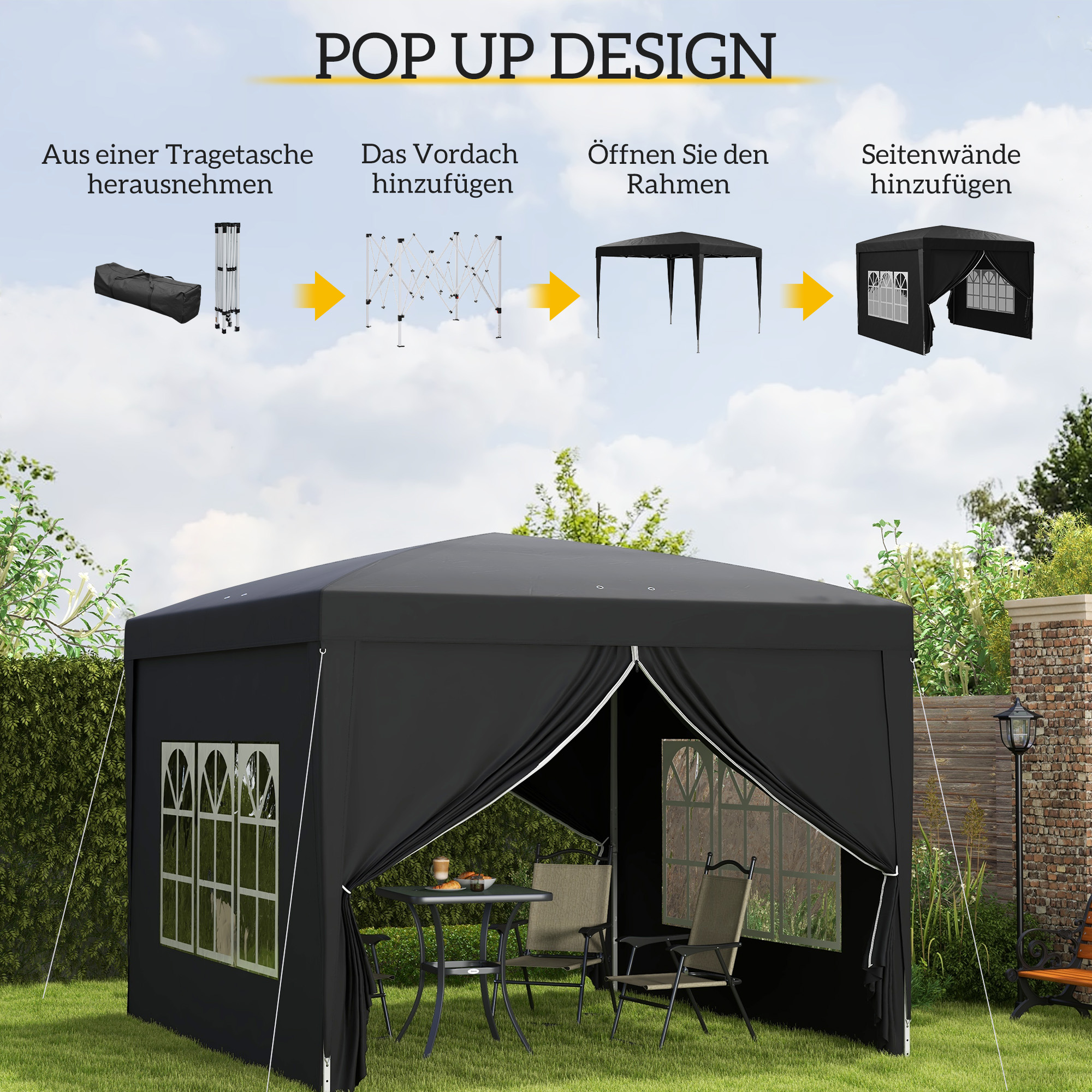 3 x 3 m Pavillon mit 4 Seitenwänden, Fenster, Festzelt mit UV-Schutz, Gartenzelt inkl, Tragetasche, Stahl, Schwarz