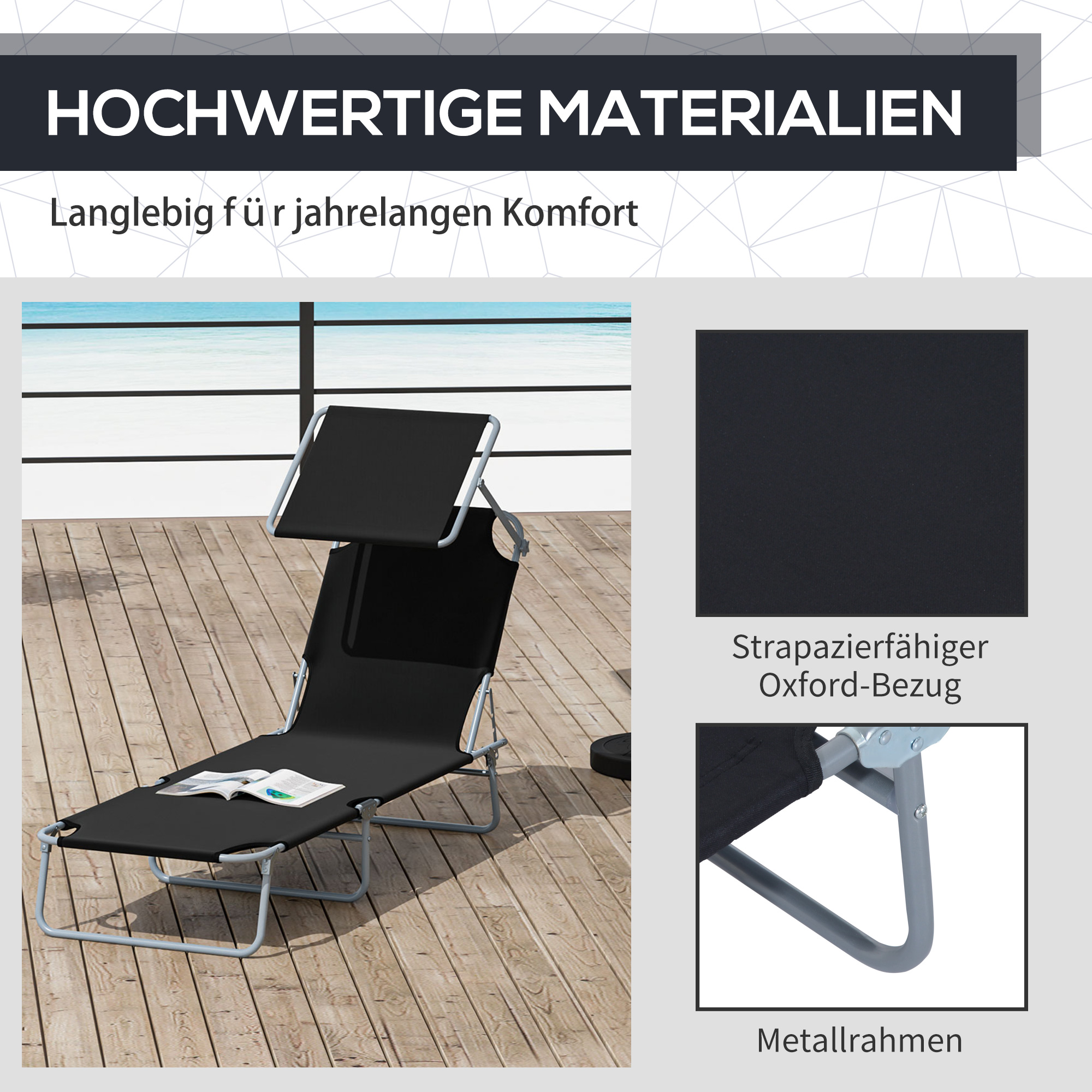 Sonnenliege klappbar Gartenliege mit Sonnenschutz Liegestuhl mit 4-Fach verstellbare Rückenlehne Campingliege bis 120kg belastbar für Garten, Balkon und Pool geeignet, 6 Farben(Schwarz )