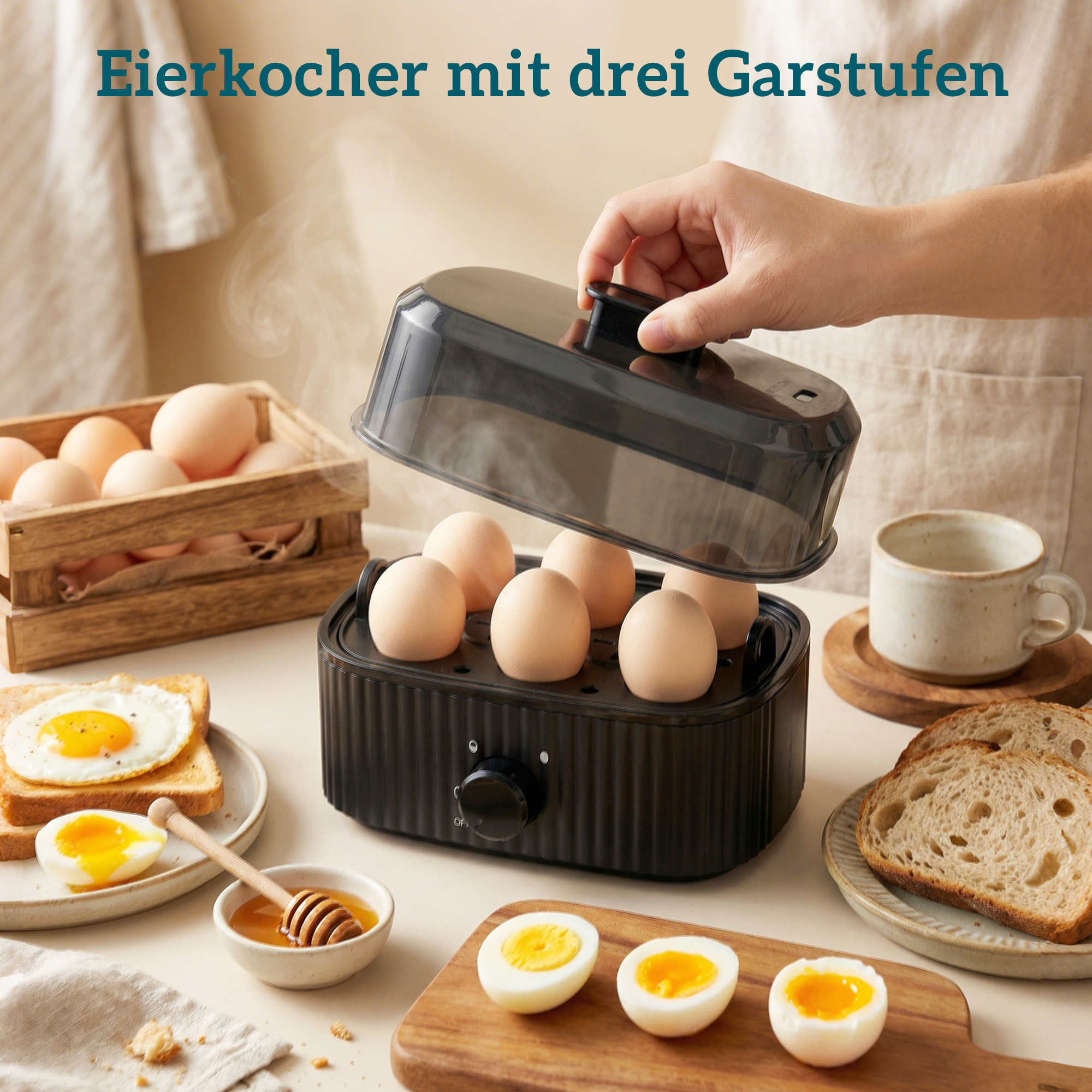 1,7L Schnellkoch-Wasserkocher und 4-Scheiben-Toaster-Set, Eierkocher für 6 Eier mit Kontrollleuchte Schwarz