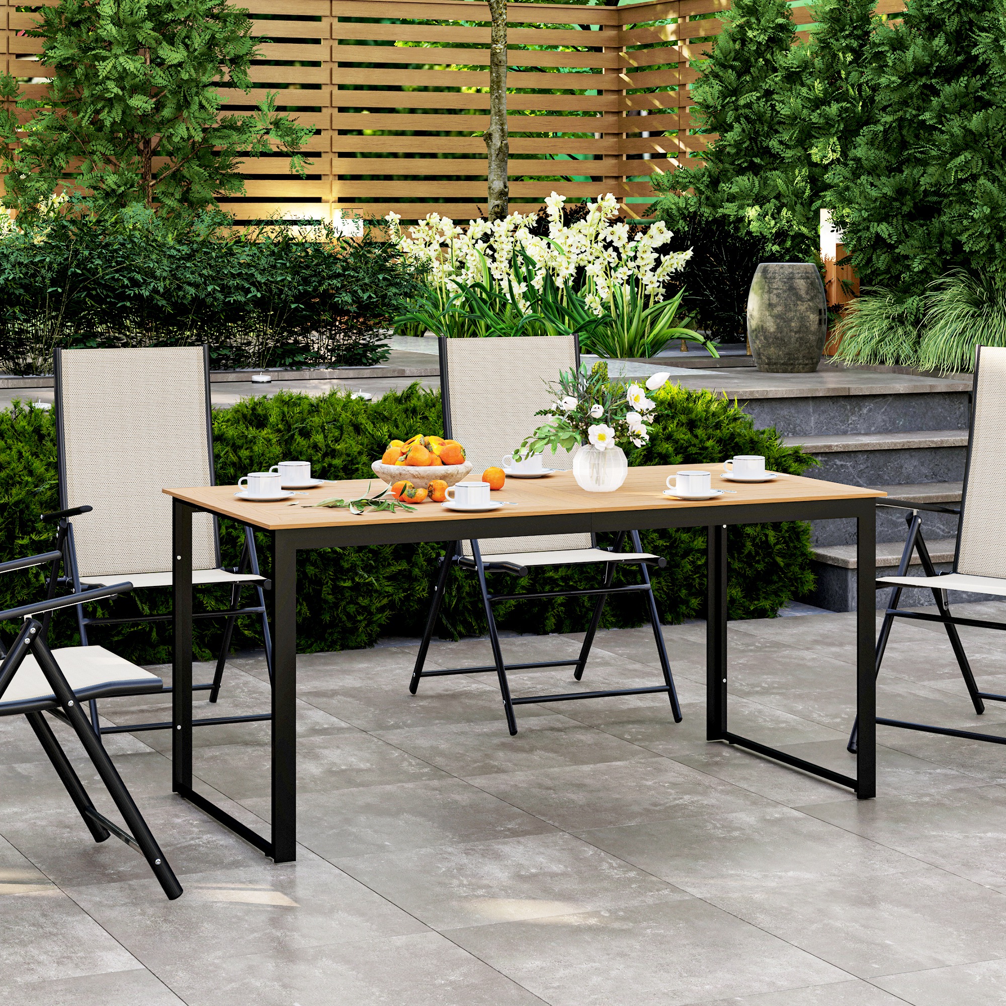 Gartentisch für 6 Personen 160 x 80 cm Wetterfest Balkontisch mit Lamellen-Tischplatte, Buffettisch Outdoor Teak