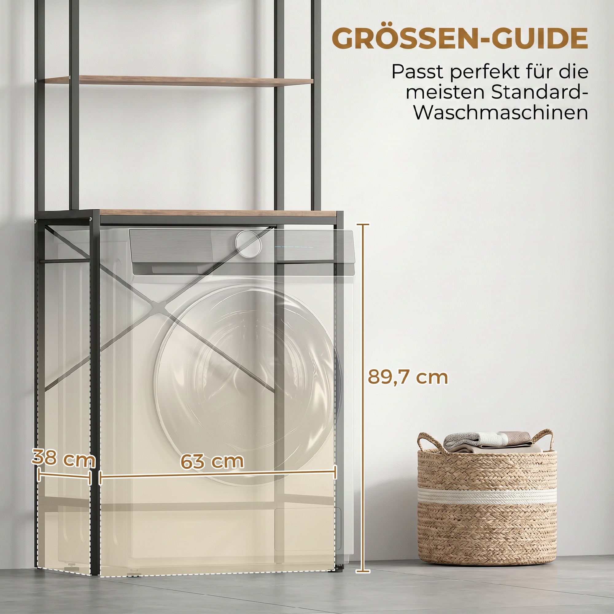 Waschmaschinenregal Badezimmerregal mit Trockenstange, 3 Ebenen für Bad, Waschküche, 67 x 40 x 161,8 cm, Braun