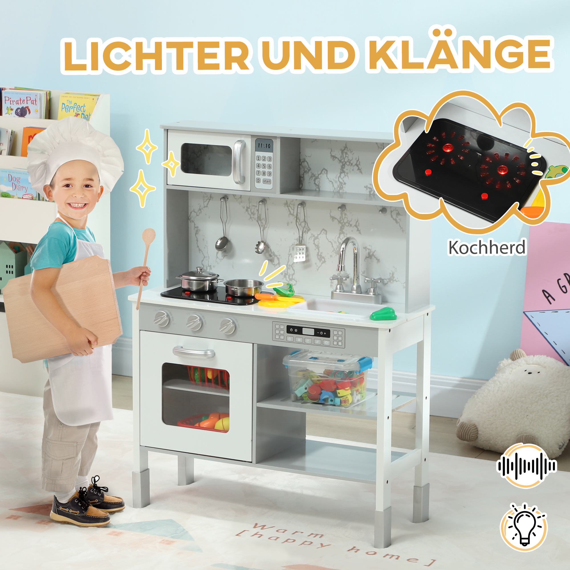 Spielküche mit Herd, Mikrowelle, viel Zubehör, höhenverstellbar, 70,1 x 28 x 90,2/96,1 cm, Weiß