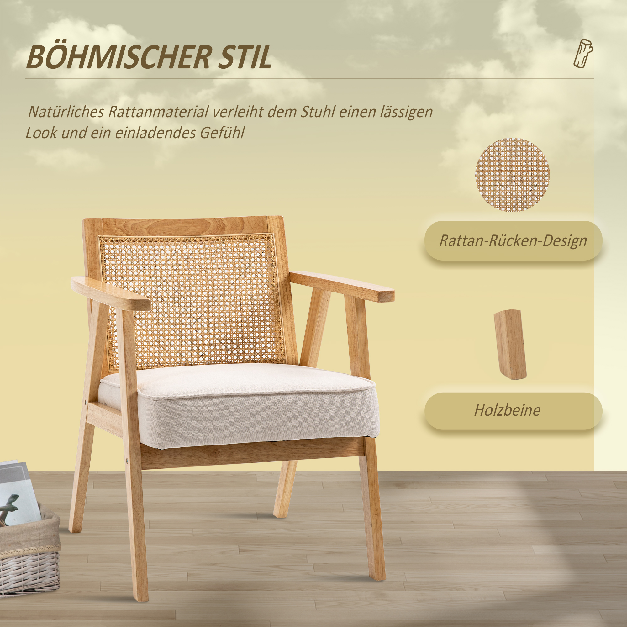 Exotischer Polsterstuhl, Kautschukholz, Sitzkissen in Leinenoptik, 63L x 69B x 78H cm, Cremeweiß