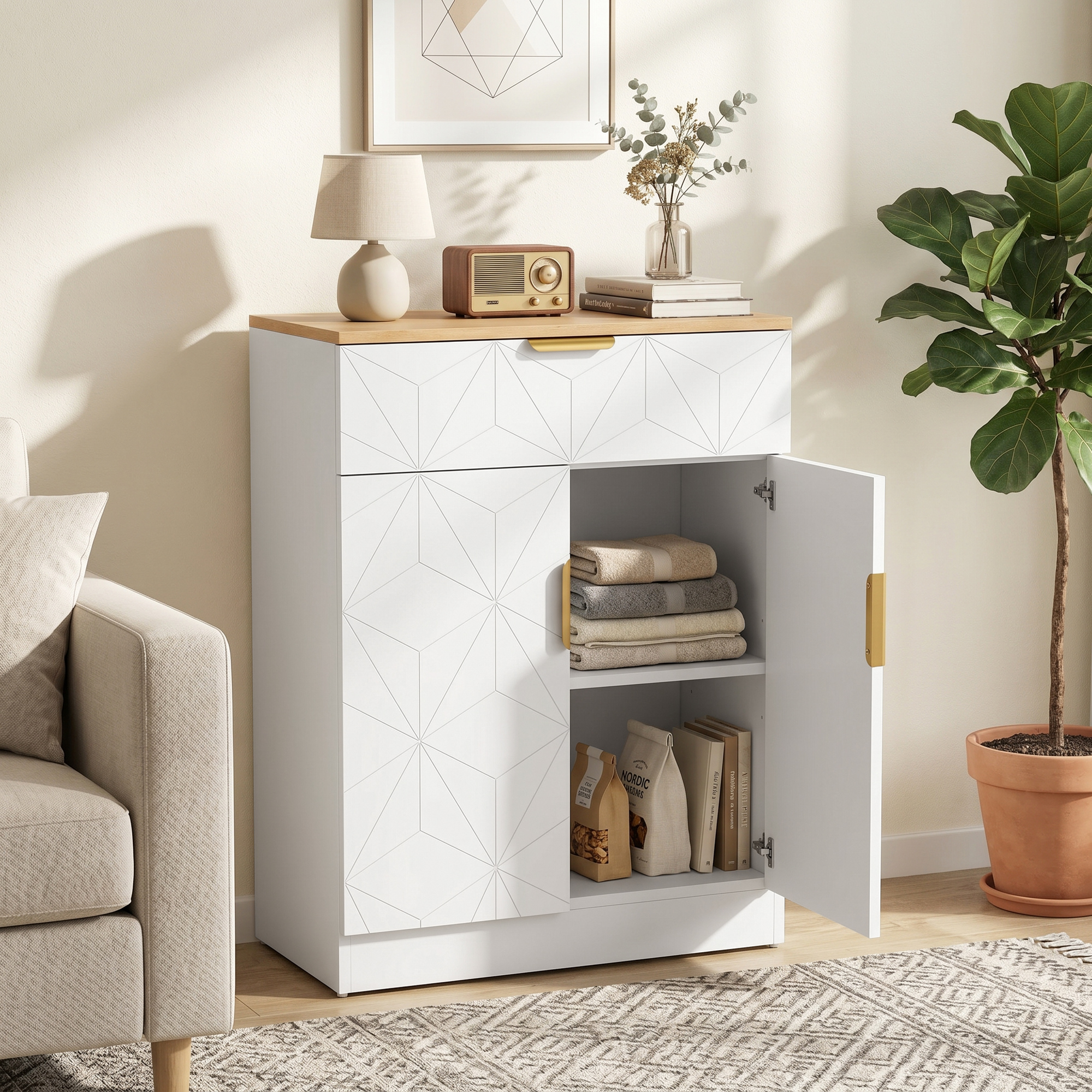 Modernes Sideboard, Aufbewahrungsschrank mit Schublade und verstellbarem Regal, Weiß