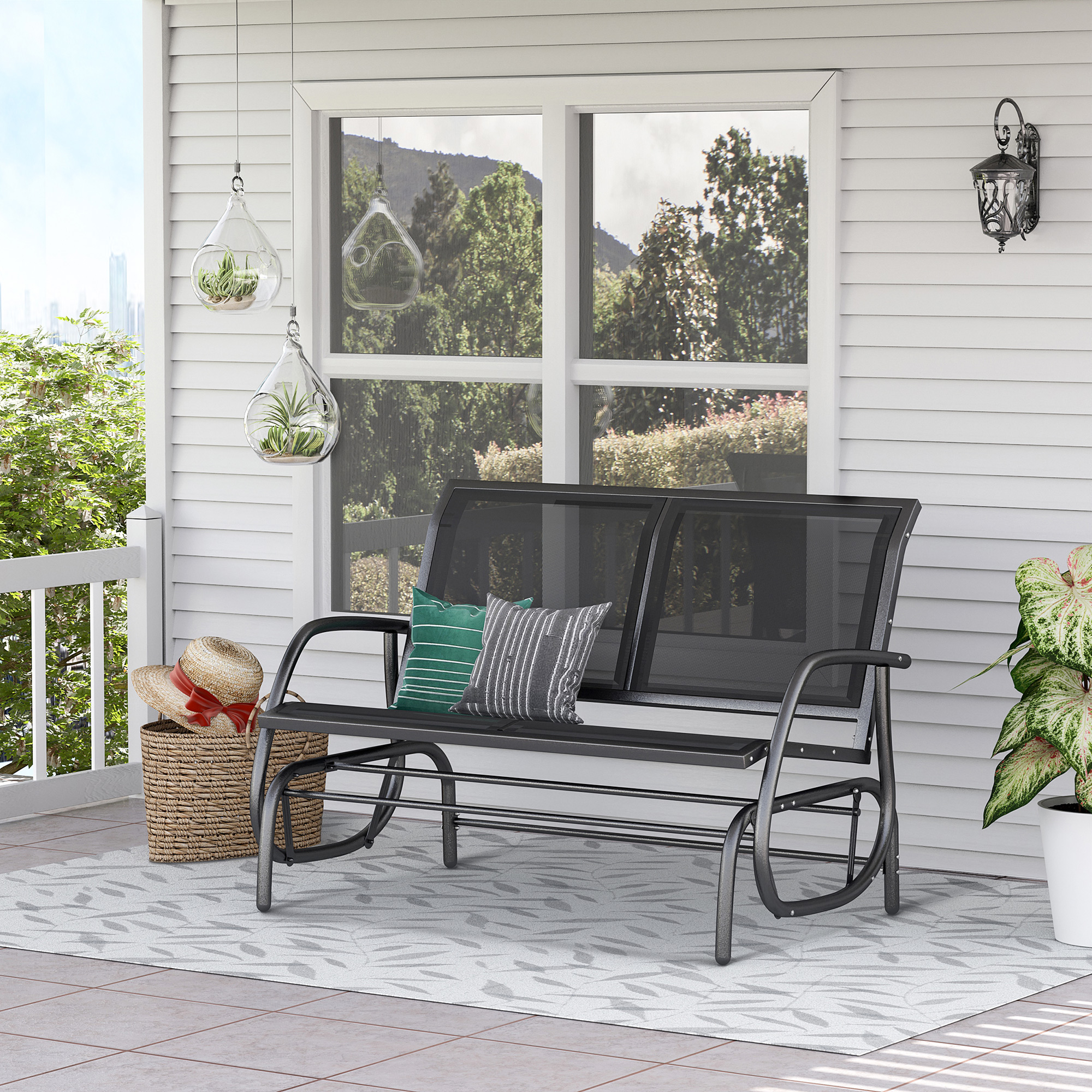 2-Sitzer Schaukelstuhl Gartenbank mit Schaukelmechanismus bis 200 kg belastbar 120 x 70 x 85 cm Schwarz