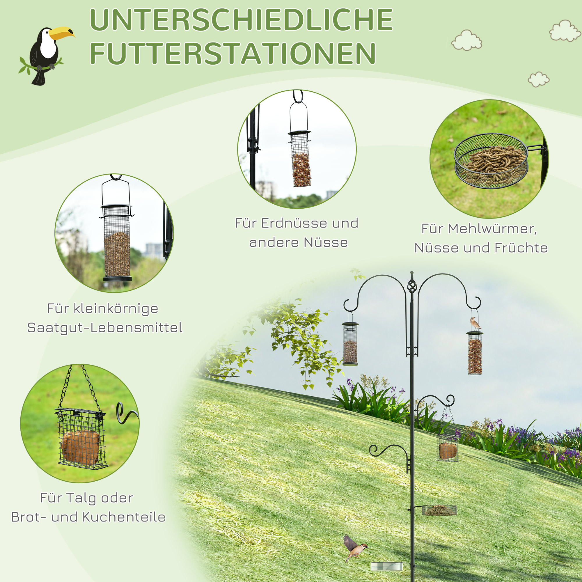 Vogel Futterstation Set aus Stahl Höhe 208 cm inkl. 4 Haken Vogeltränke Futterteller Vollständiges Futtersäulen Vogelfutterspender Station Schwarz