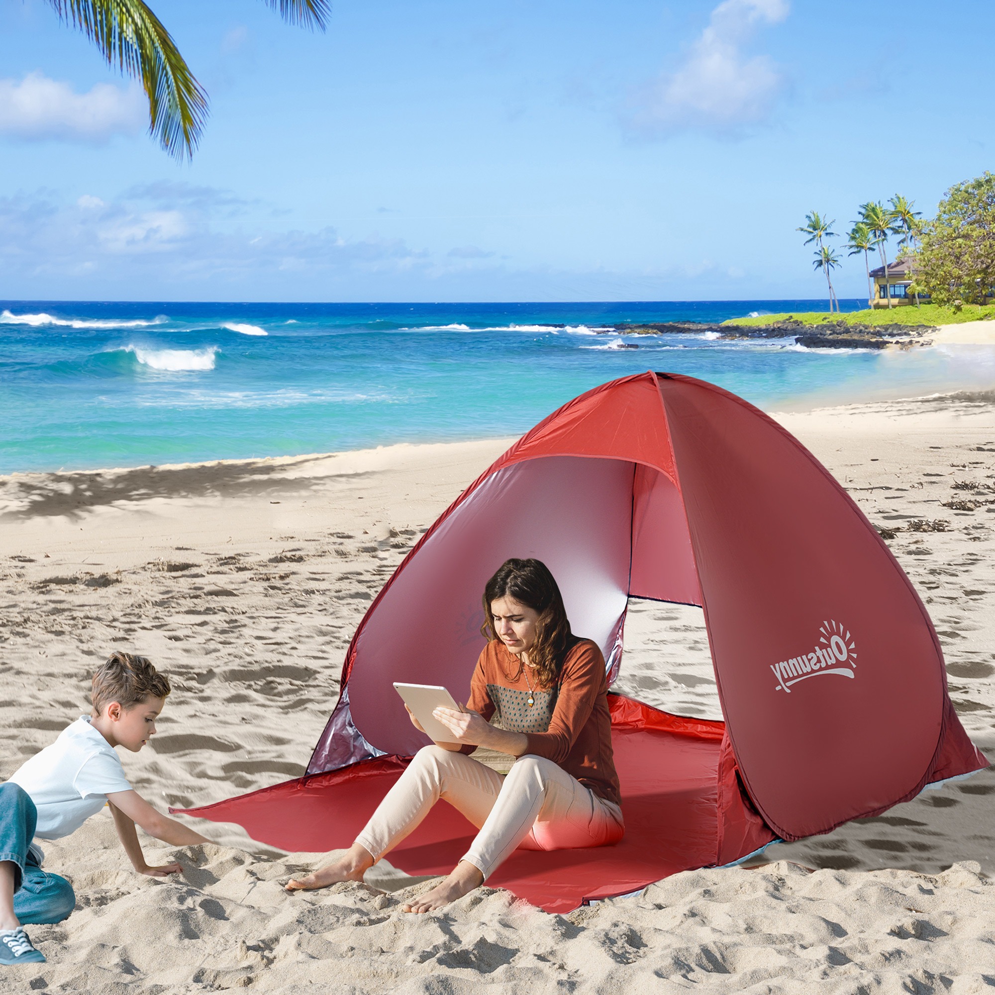 Pop-up-Zelt, Strandzelt, Campingzelt, Polyester, 200 x 150 x 119 cm, Rot