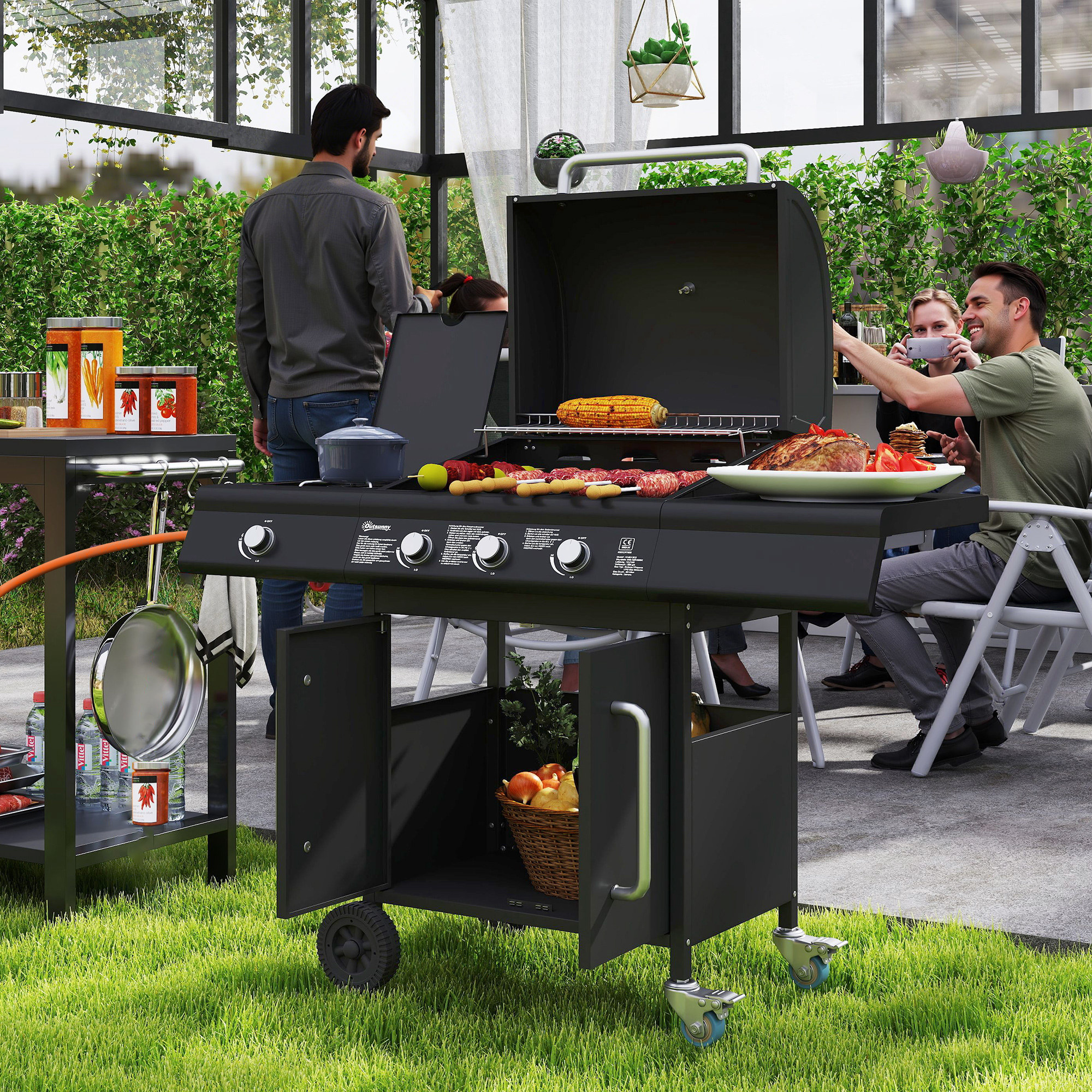 fahrbarer Gasgrill mit Stauraum, Seitentisch, Seitenbrenner, Warmhalterost, Thermometer, Edelstahl, Schwarz
