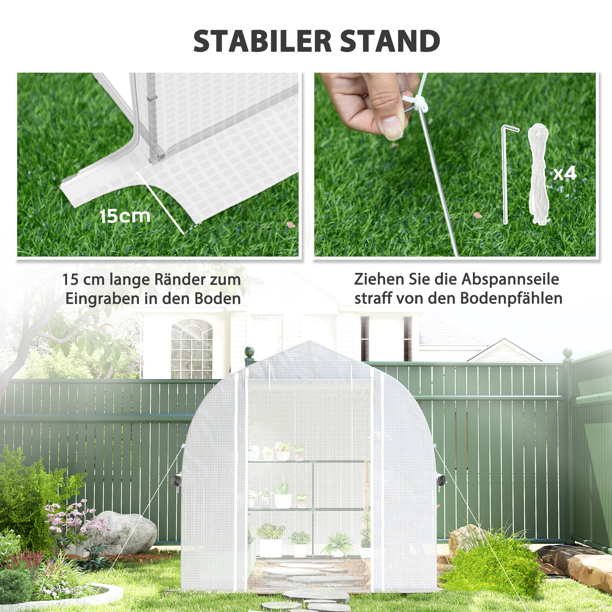 3 x 2 x 2 m Polytunnel-Gewächshaus mit aufrollbaren Seitenwänden, UV-beständiger Kunststoff-Plane und Stahlrahmen, Weiß