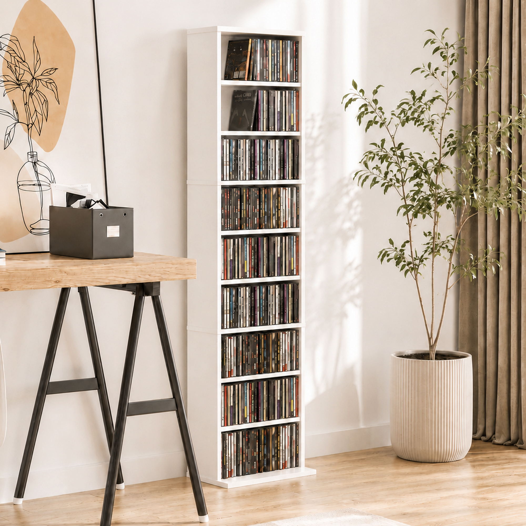 CD-/DVD-Regal, 9 Ebenen, schmales Standregal mit 6 verstellbaren Böden, für 260 CDs, Weiß