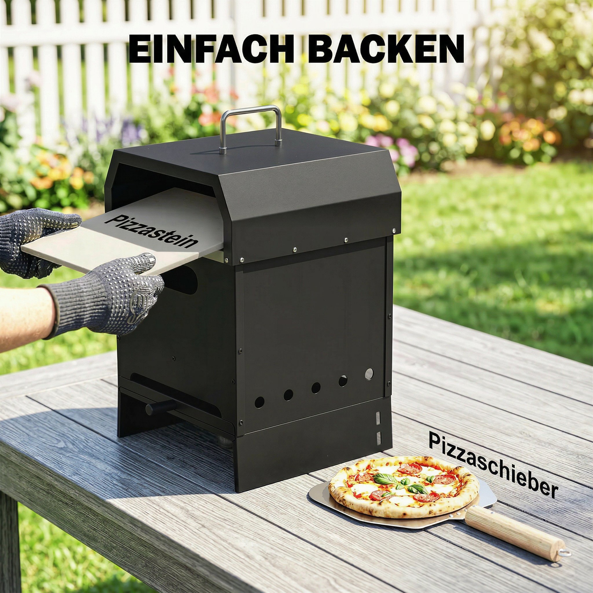 3-in-1 Outdoor-Pizzaofen, holzbefeuert Pizza Ofen, 2 Ebenen, Backofen mit Pizzastein, Pizzaschaufel