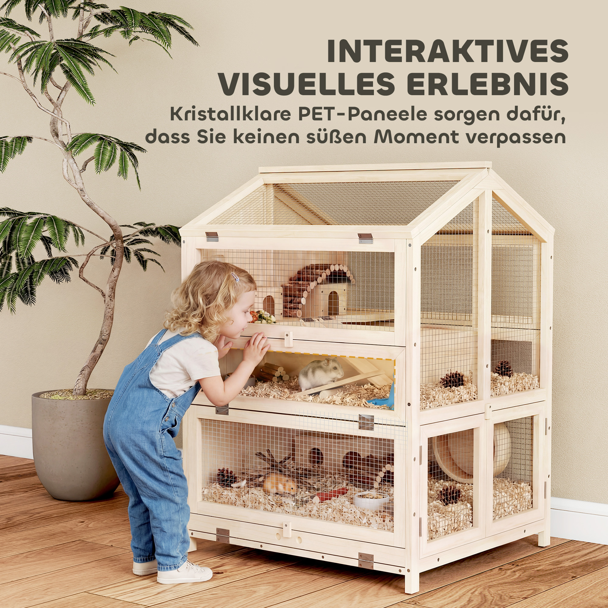 Hamsterkäfig aus Holz 3 Etagen Nagerkäfig Kleintierkäfig mit Hütten Wippen Rampen Wasserschalen 68x61,5x90 cm Naturholz