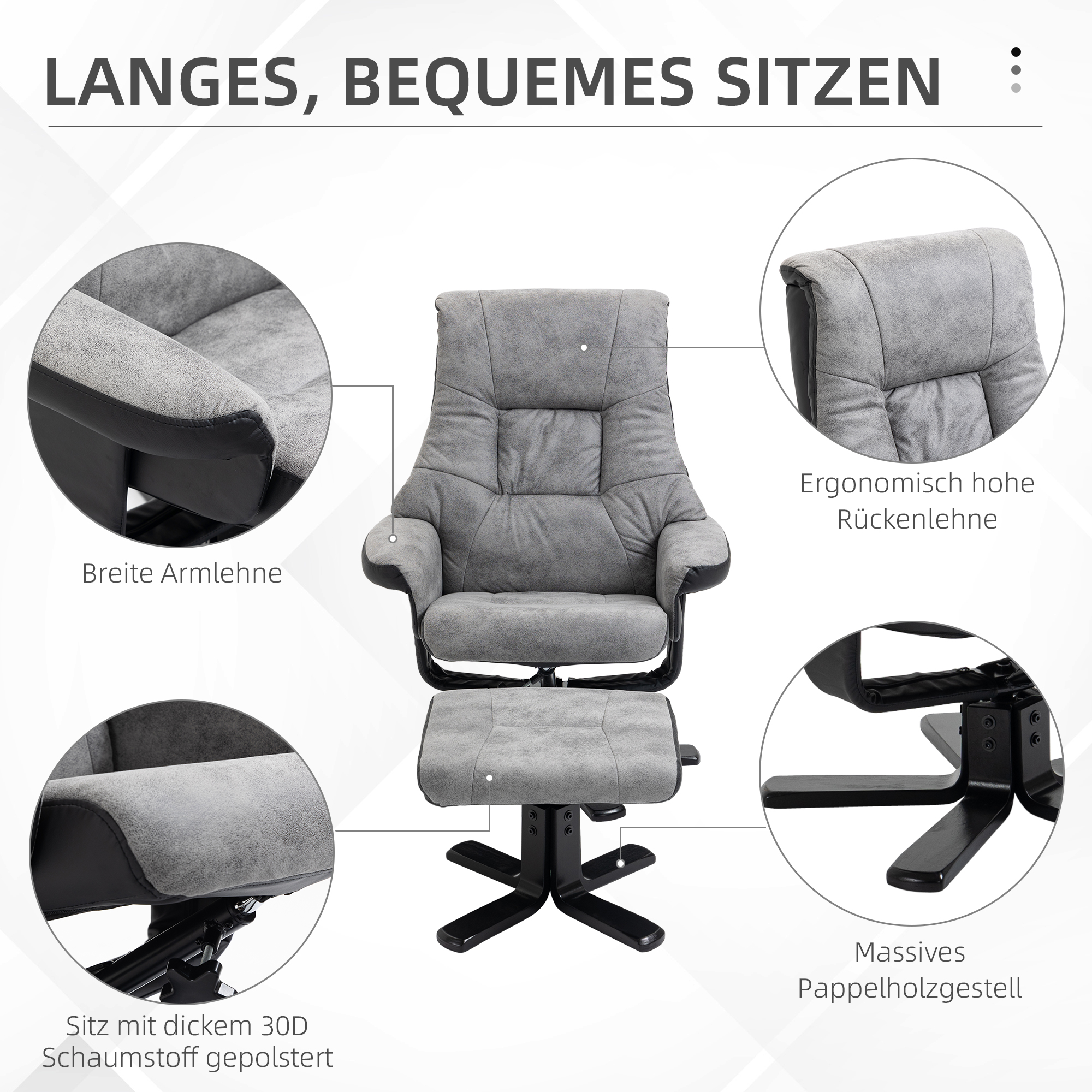 Relaxsessel mit Hocker, 360° drehbar, 135° neigbar, atmungsaktiver Bezug, 78 x 82,5 x 109 cm, grau