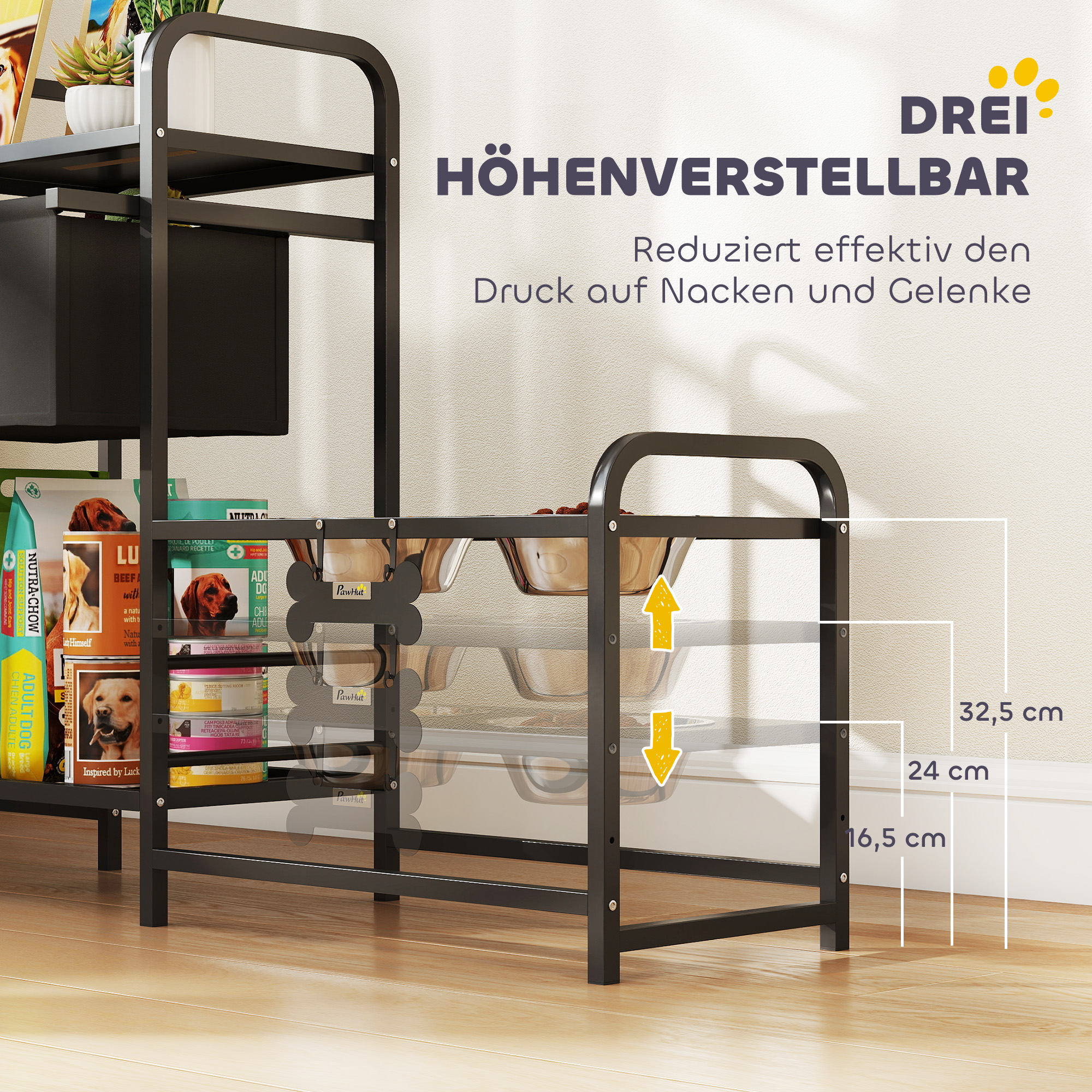 Erhöhter Hundenapf Höhenverstellbar Futternapf mit Stauraum Wassernapf 2 x 800ml Edelstahlnäpfen 89,5x27x74 cm Schwarz