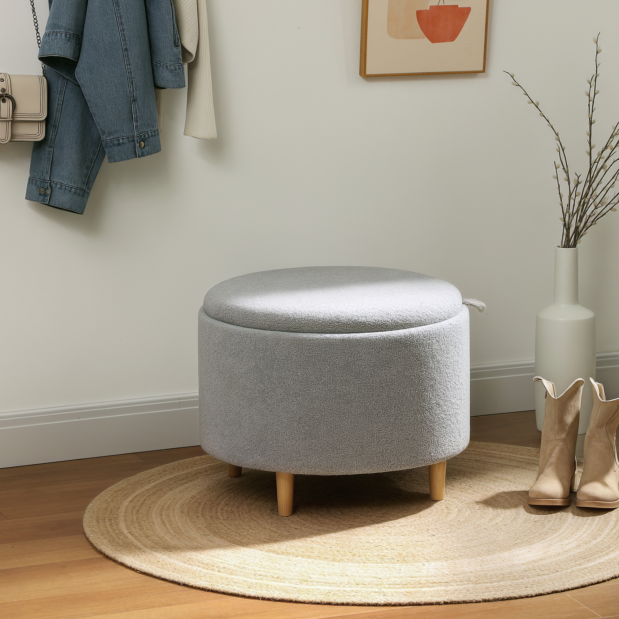 Hocker Polsterhocker, Teddyfleece, versteckter Stauraum, umkehrbarer Deckel, 56 cm x 56 cm x 42 cm, Grau