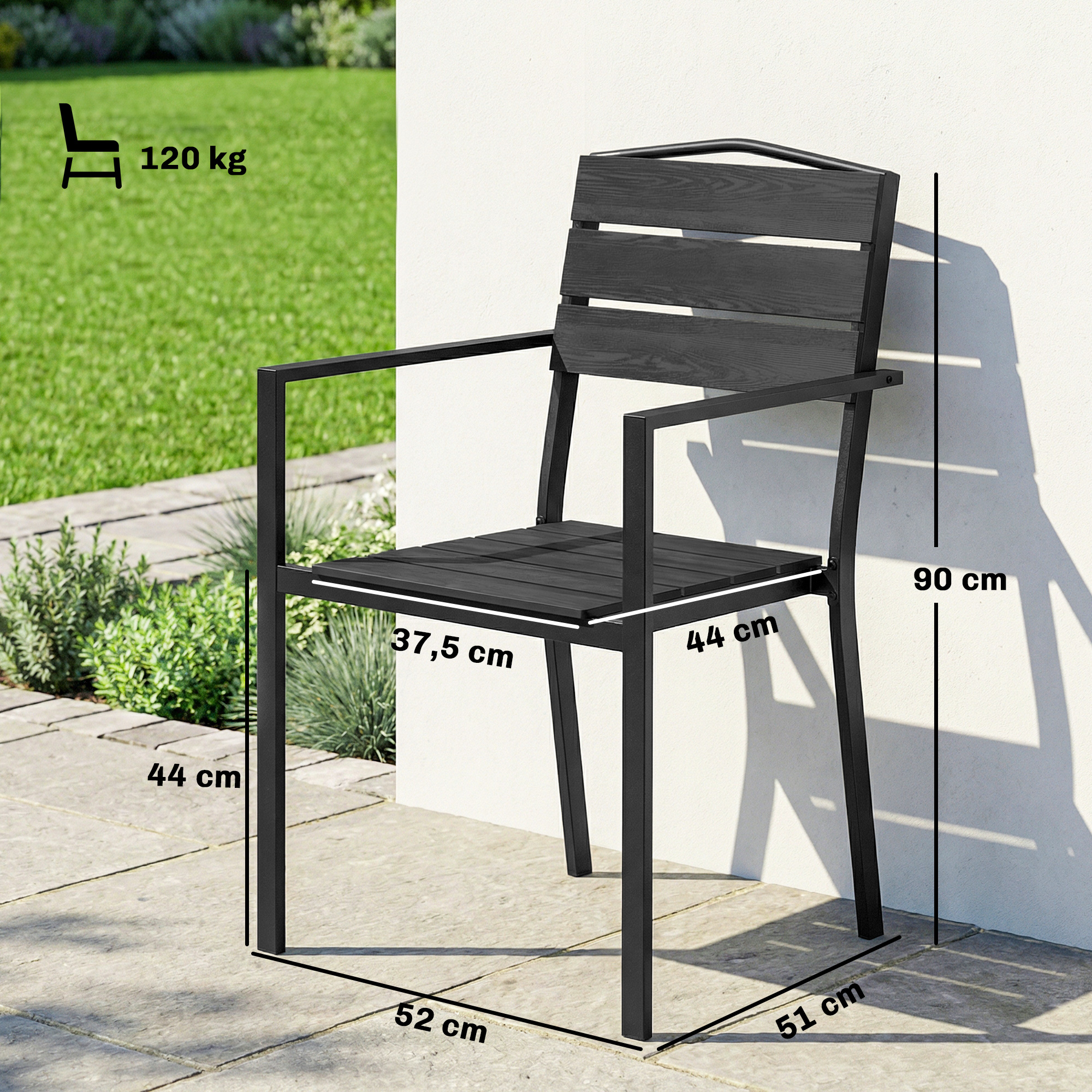 Gartenstühle 4er Set Stapelbare Terrassenstühle mit Lamelldesign Armlehnen 52 x 51 x 90 cm Schwarz