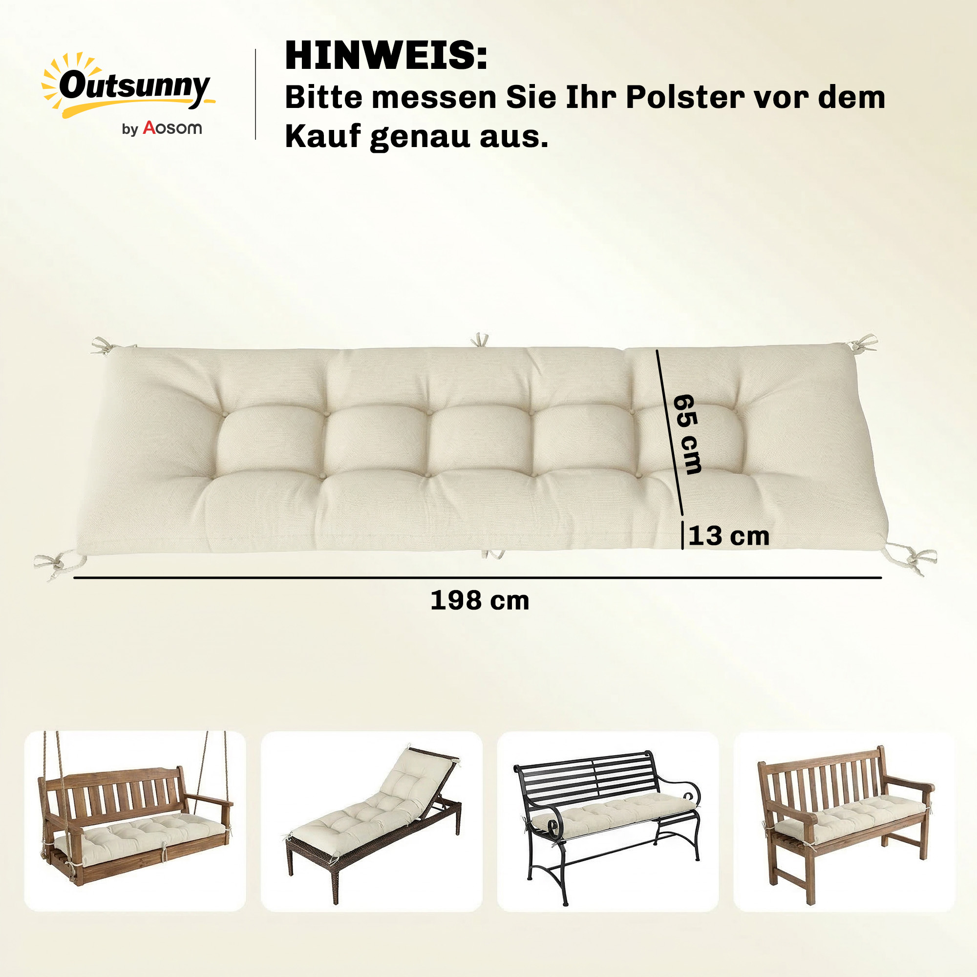 Palettenkissen Abnehmbar Sitzkissen mit Befestigungsbändern Palettenpolster für die meisten Liegen 198x65x13cm Beige