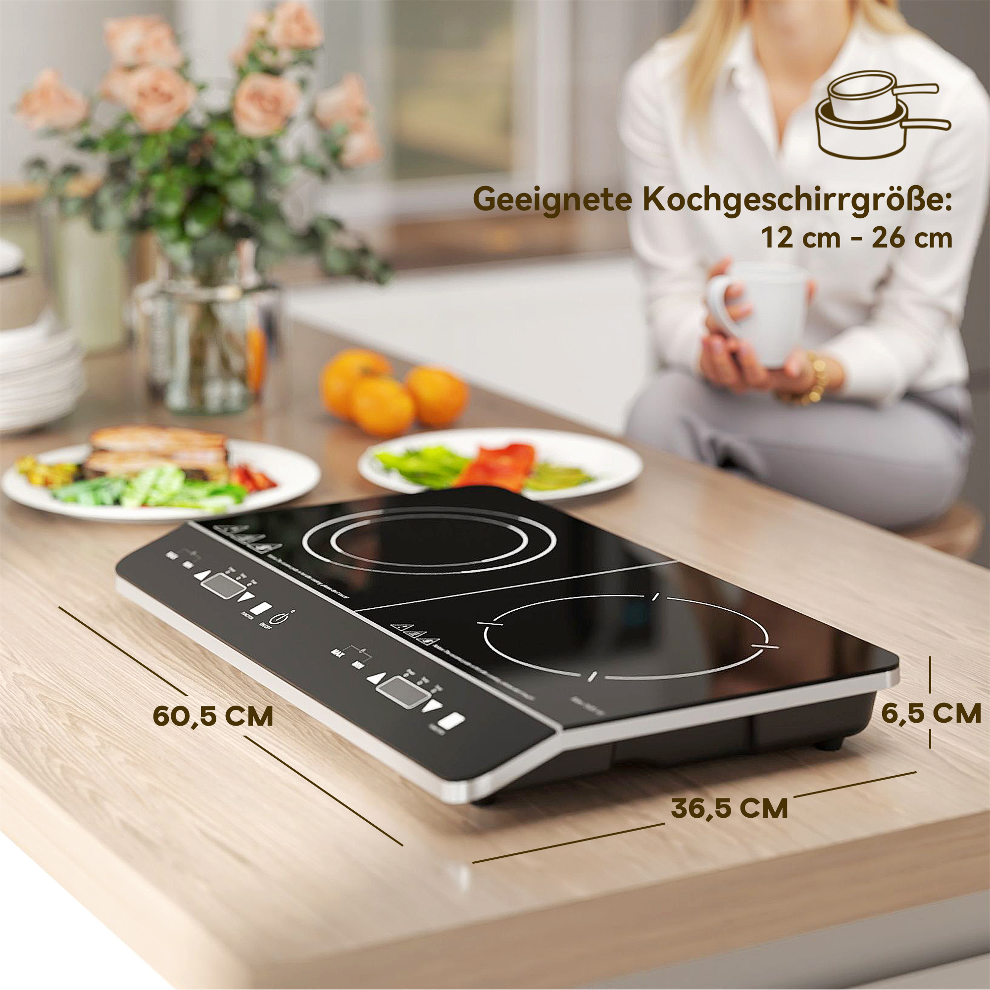Tragbares Induktionskochfeld, 10-stufige Temperaturregelung, Touchpanel, Schwarz