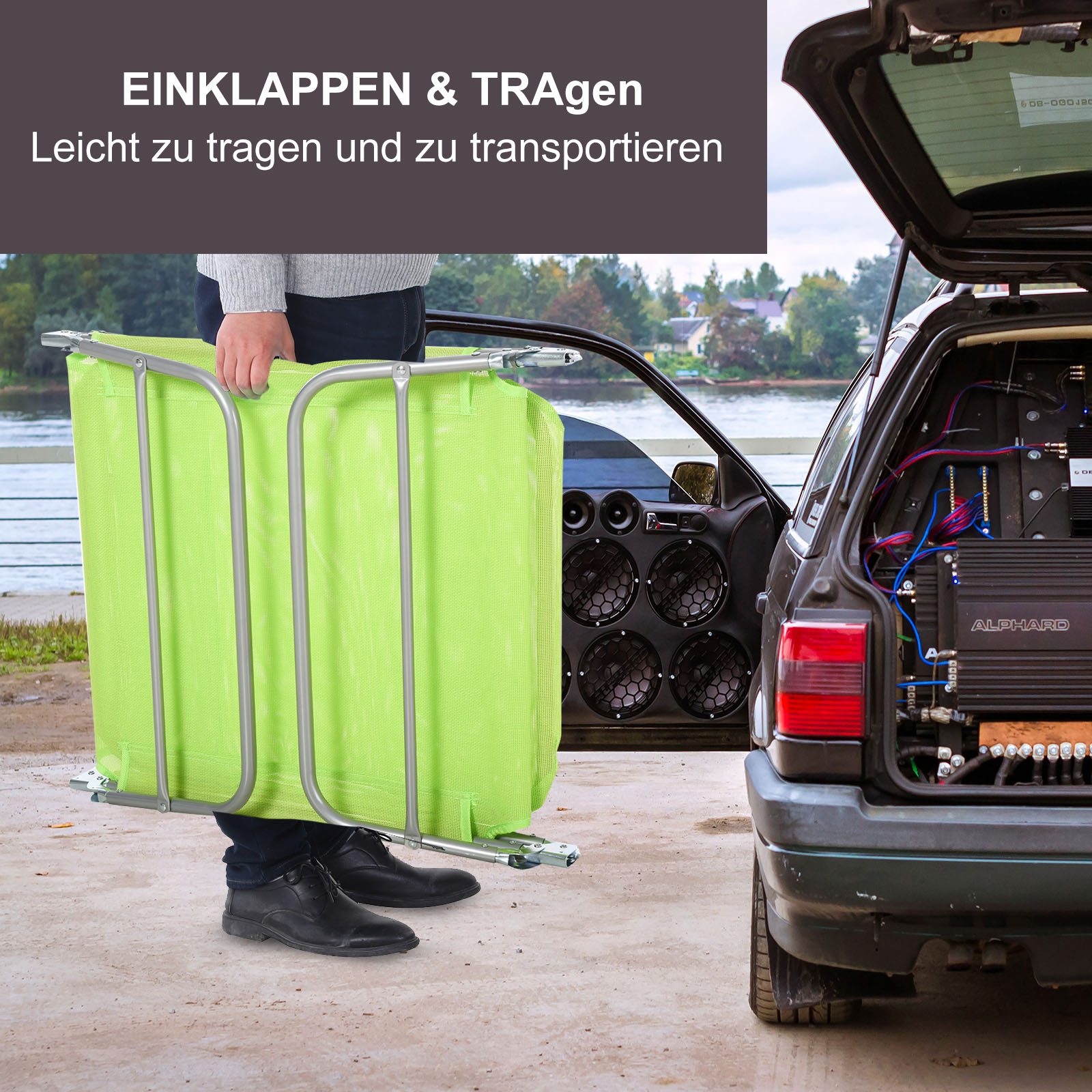 Sonnenliege klappbar Gartenliege mit Kopfkissen Liegestuhl verstellbar mit 5-Fach Campingliege bis 120kg belastbar für Garten, Balkon und Pool geeignet, 4 Farben(Grün)