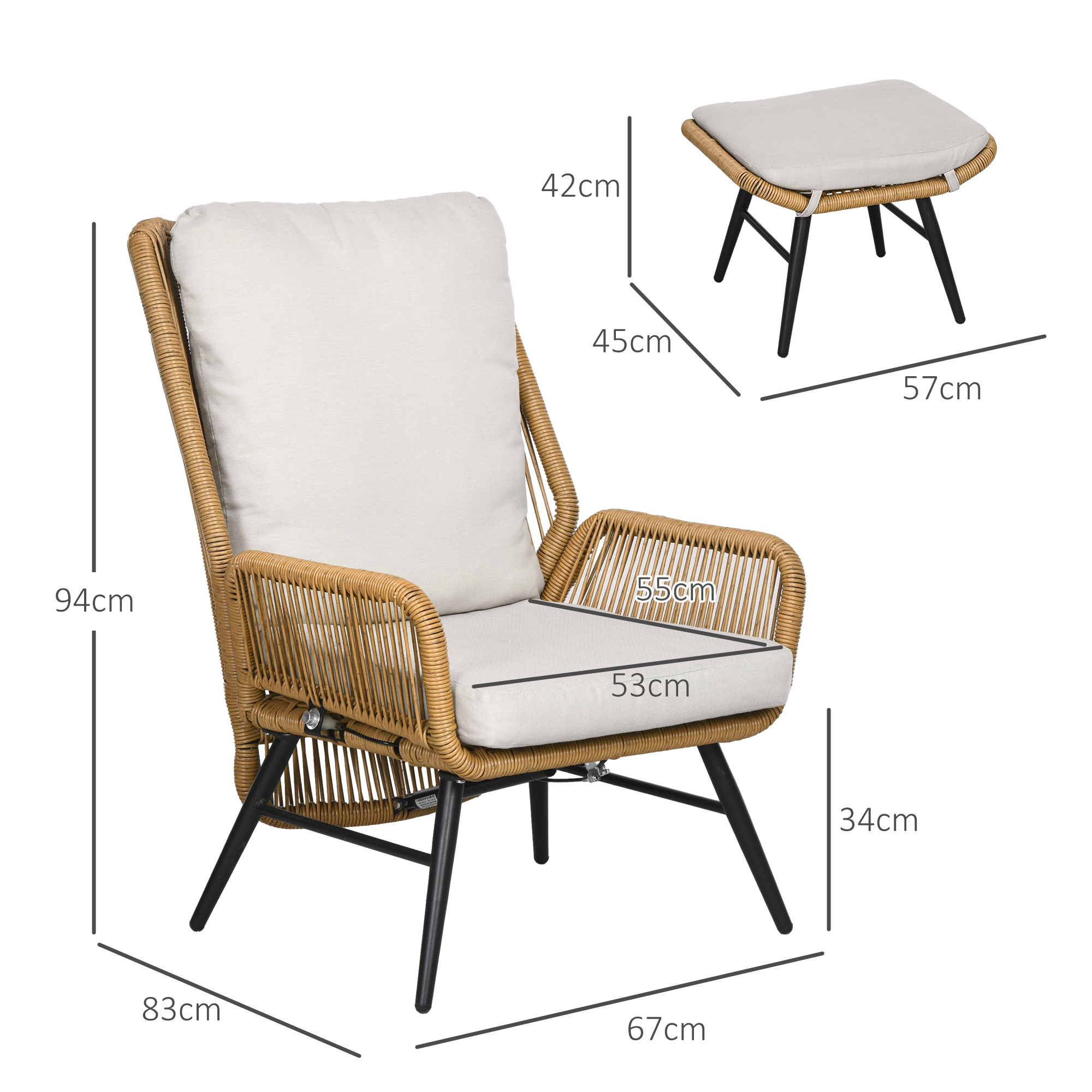 Polyrattan Gartenstuhl und Hocker, verstellbare Lehne, Hellbraun/Grau/Schwarz