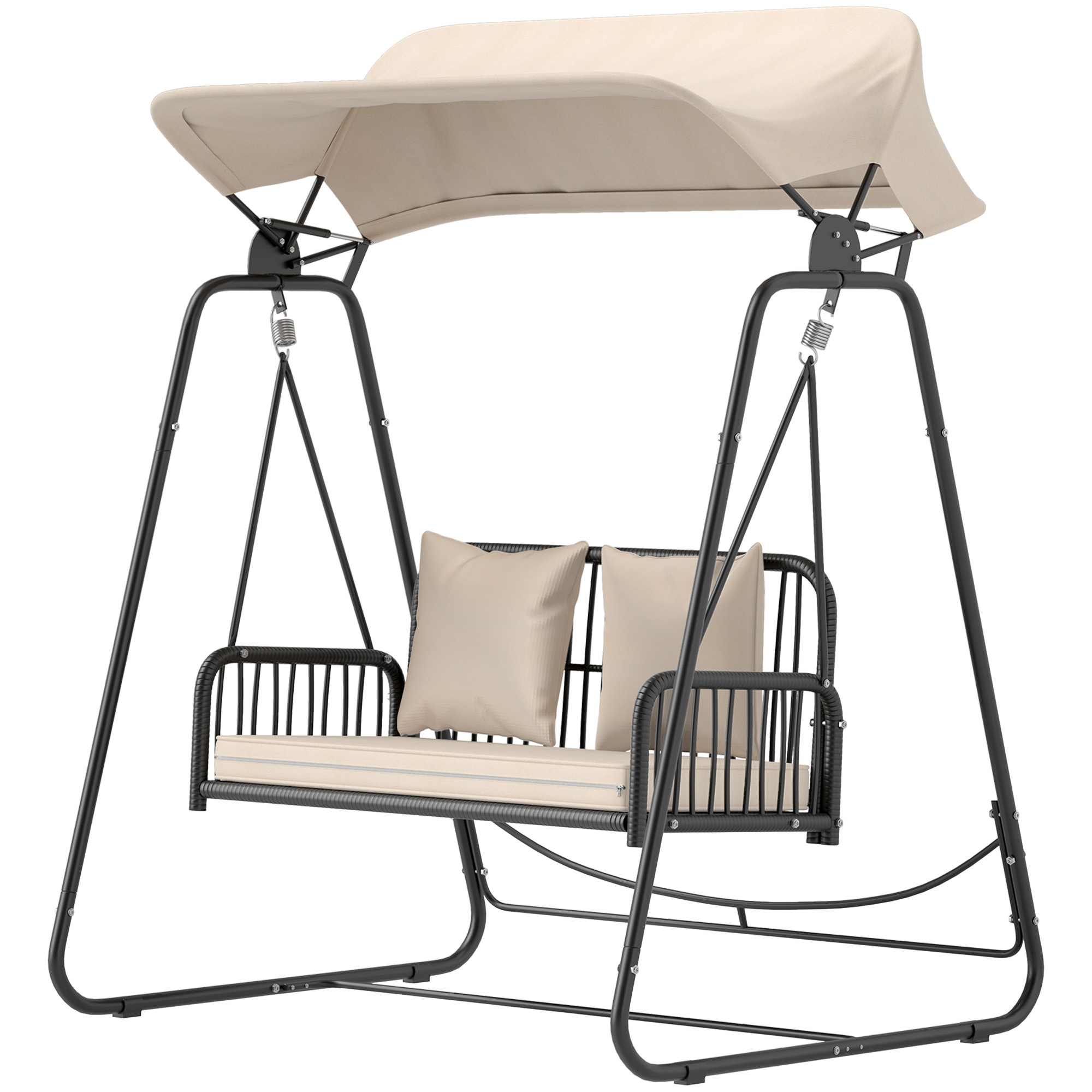 Hollywoodschaukel Rattan 2-Sitzer Gartenschaukel mit Sonnendach Kissen bis 240 kg 149 x 121 x 180 cm Khaki