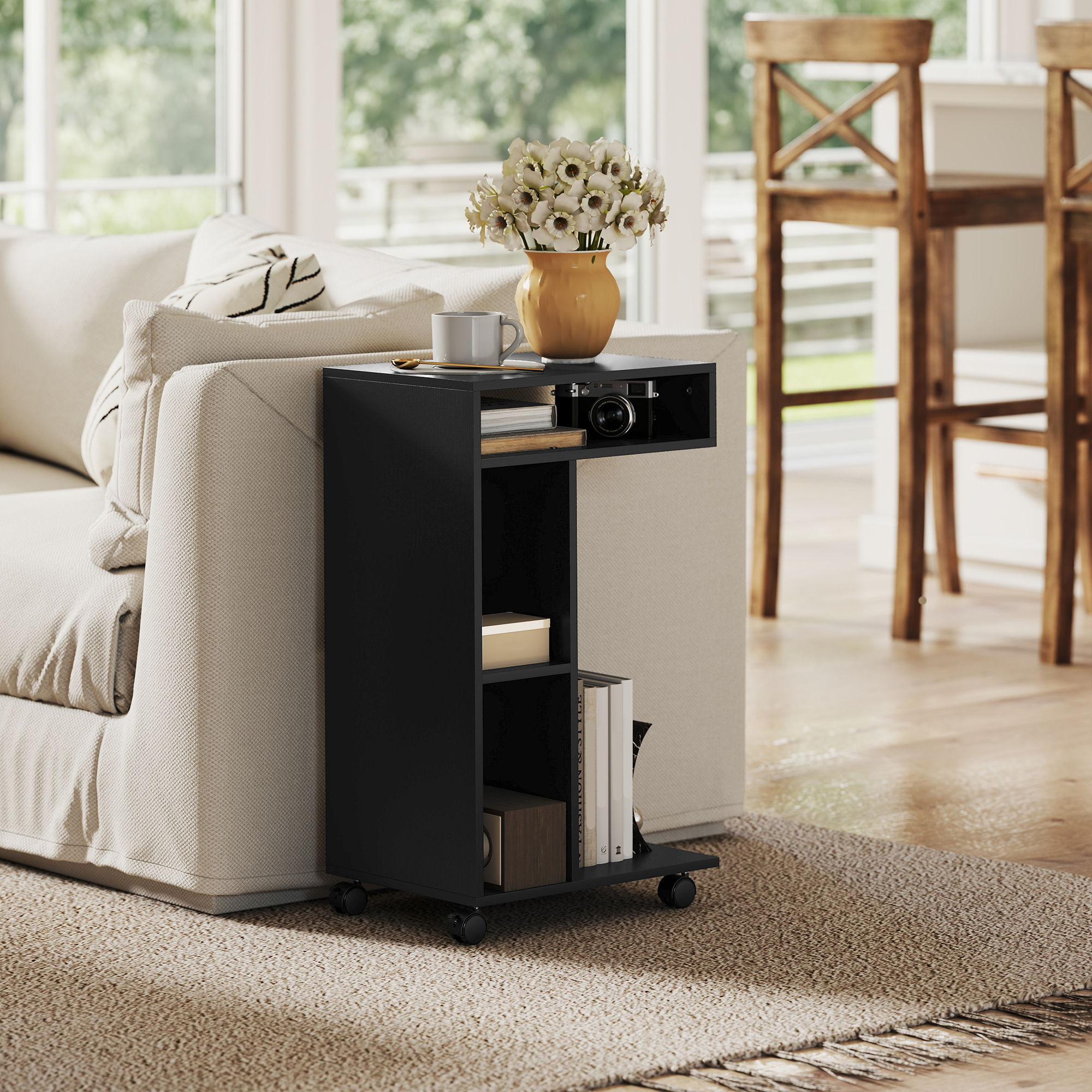 Beistelltisch, C-förmiger Servierwagen, 4 Rollen, 3 Fächer, 40 x 30 x 69 cm, Schwarz