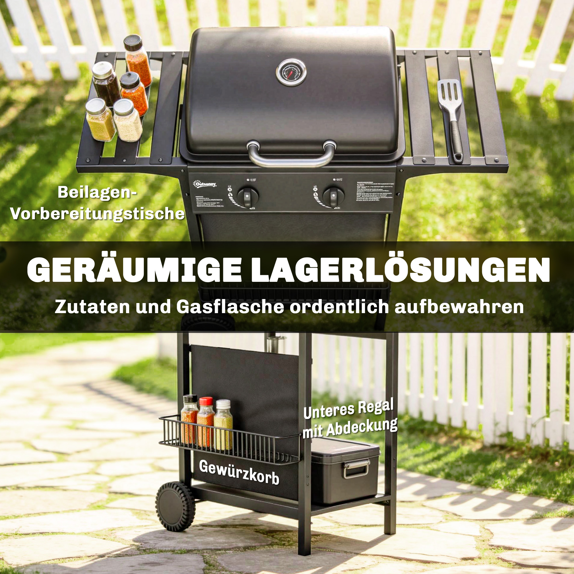Gasgrill 5kW 2 Brenner BBQ Grillwagen Edelstahl inkl Seitentisch Unterkorb Frontabdeckung Thermometer Emaille-Grillrost