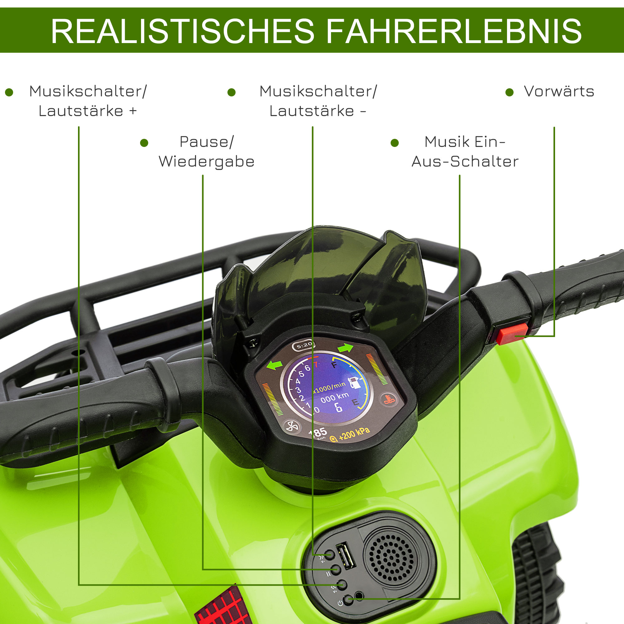 Kinder Quad Elektro 6V Kinderquad mit Vorwärtsfunktion, Musik, Elektro-Quad für Kinder 1,5-3 Jahre Grün