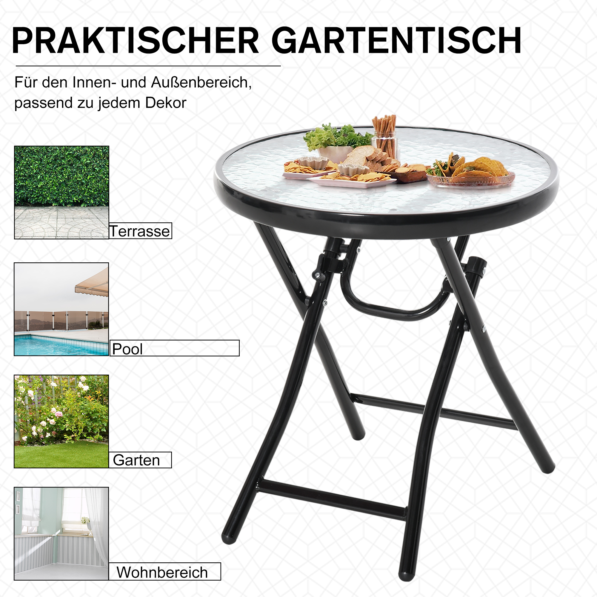 Gartentisch Beistelltisch Bistrotisch mit Glasplatte rund klappbar Metall Ø45 schwarz