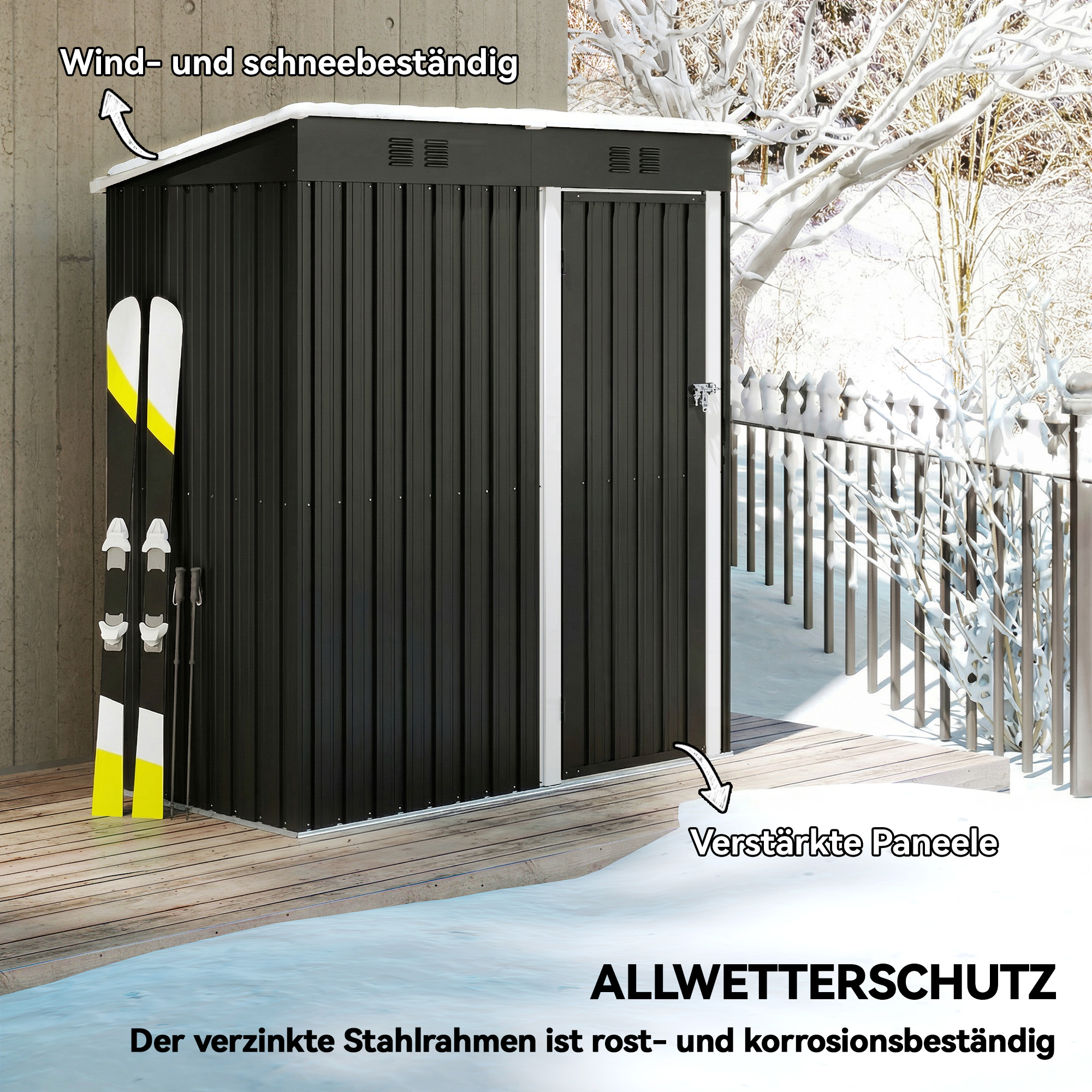 Metall Gerätehaus 1,37 m², abschließbar Geräteschuppen mit Lüftung Pultdach Handschuhen, 163 x 90 x 179 cm
