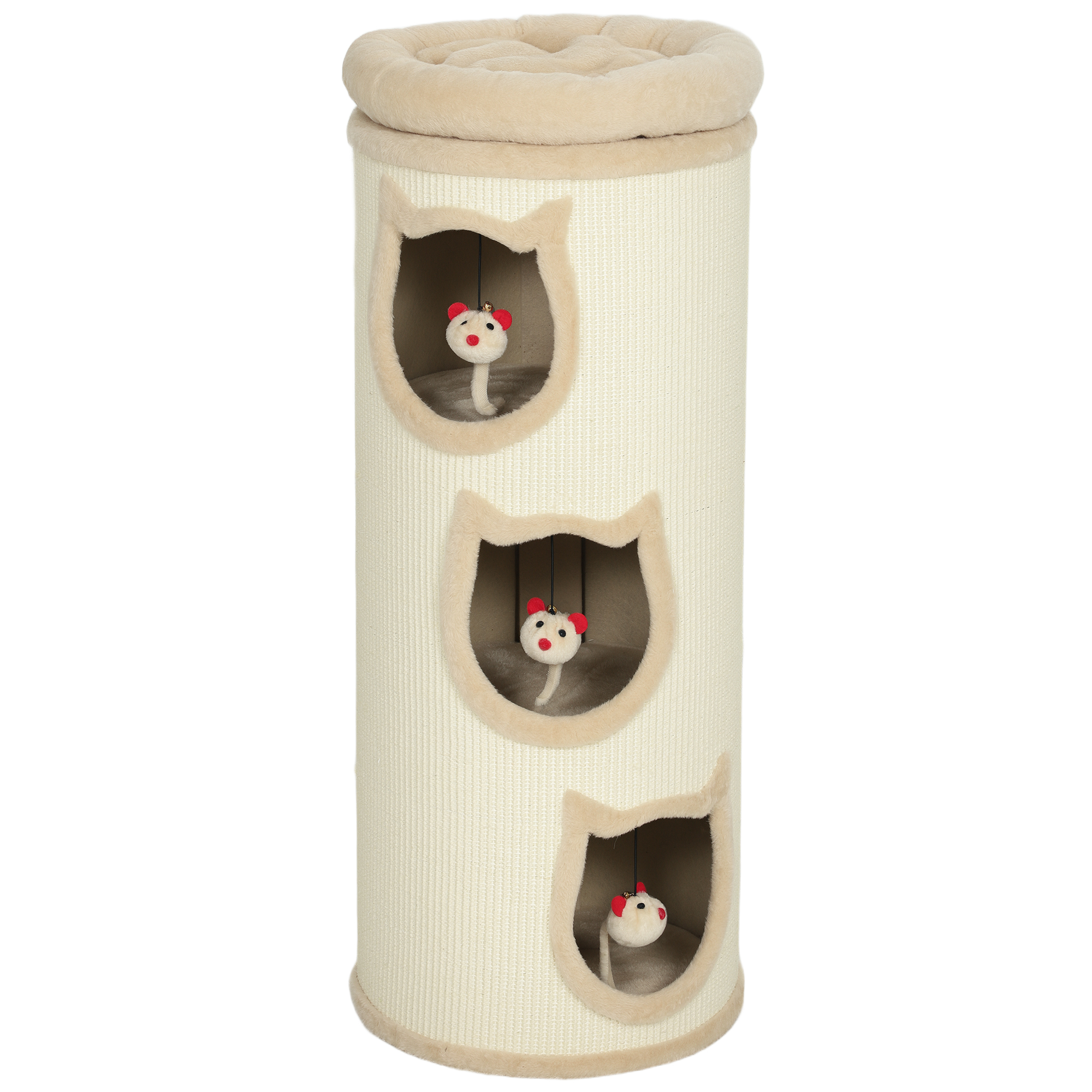 Katzenkratzfass, 96 cm, 4-Ebenen-Katzenturm mit waschbarem Bett, 3 Schlafhöhlen, Hängespielzeug, für mehrere Katzen Grau