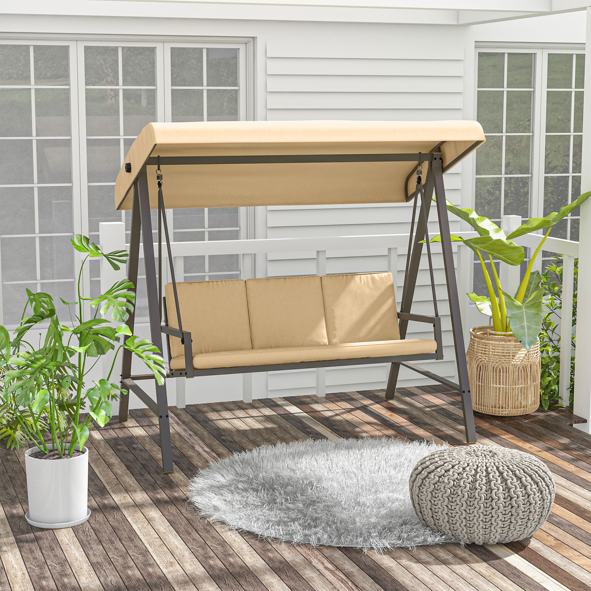Hollywoodschaukel Gartenschaukel Schaukelbank, verstellbares Sonnendach, 200 cm x 125 cm x 175 cm, Beige + Braun