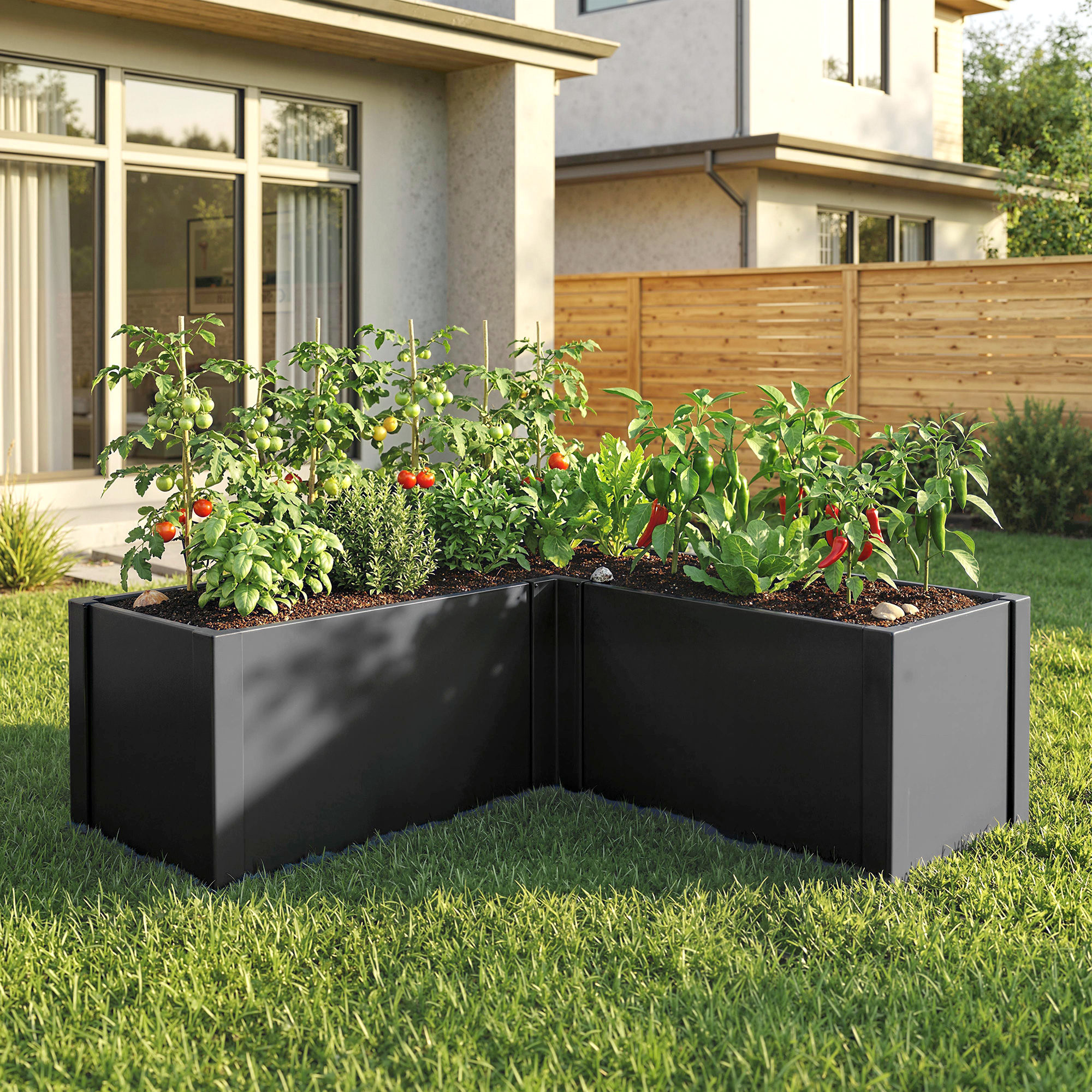 Hochbeet L-förmig Blumenhochbeet witterungsbeständig, Pflanzbeet Frühbeet aus Verzinkter Stahl 150 x 150 x 55 cm Schwarz