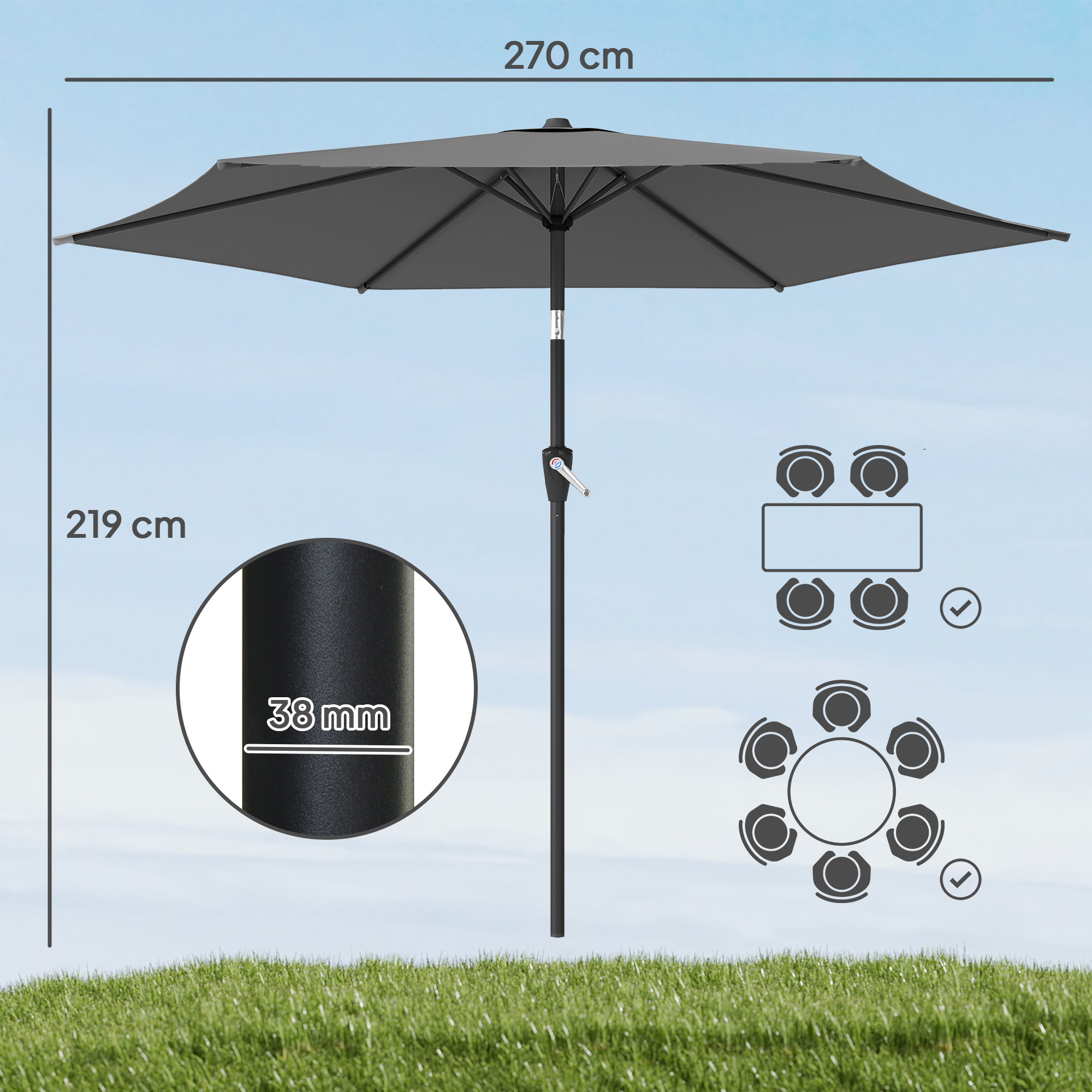 Sonnenschirm 270 cm knickbar Balkonschirm mit Kurbel UV 50+ Gartenschirm Dunkelgrau