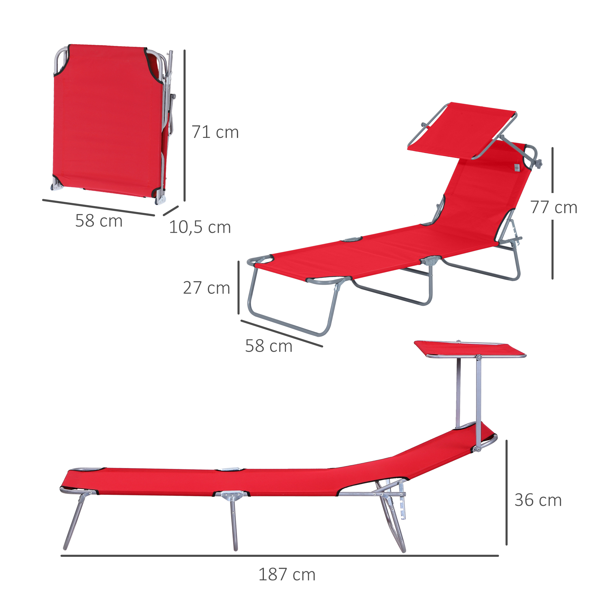 Sonnenliege klappbar Gartenliege mit Dach, Liegestuhl mit 4-Fach verstellbare Rückenlehne, wetterfeste Campingliege bis 120 kg belastbar, für Garten Strand Pool, Rot