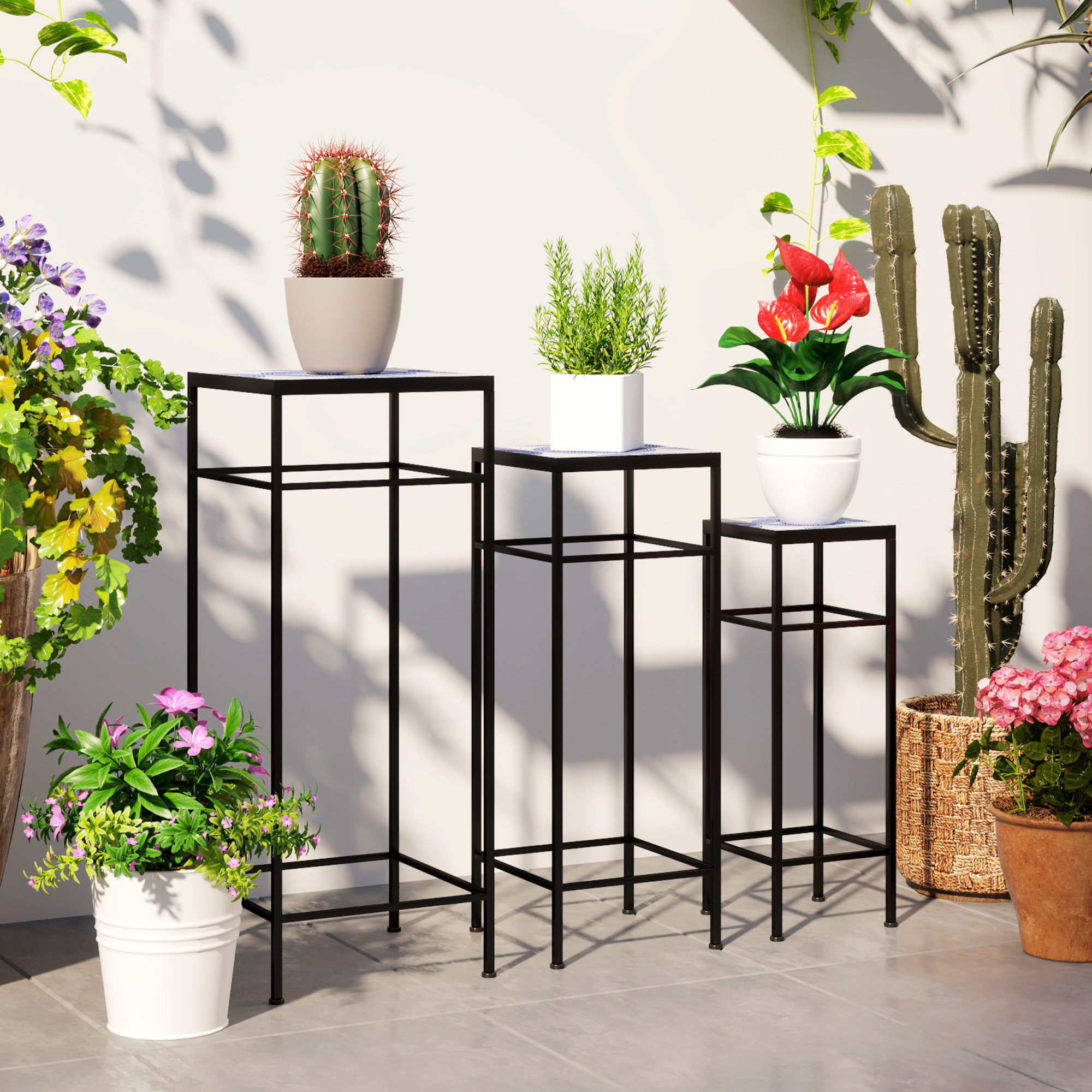 3er-Set Pflanzenständer, 3 verschieden große Gestelle zum Präsentieren von Blumen und anderen Gegenständen, Blau+Weiß