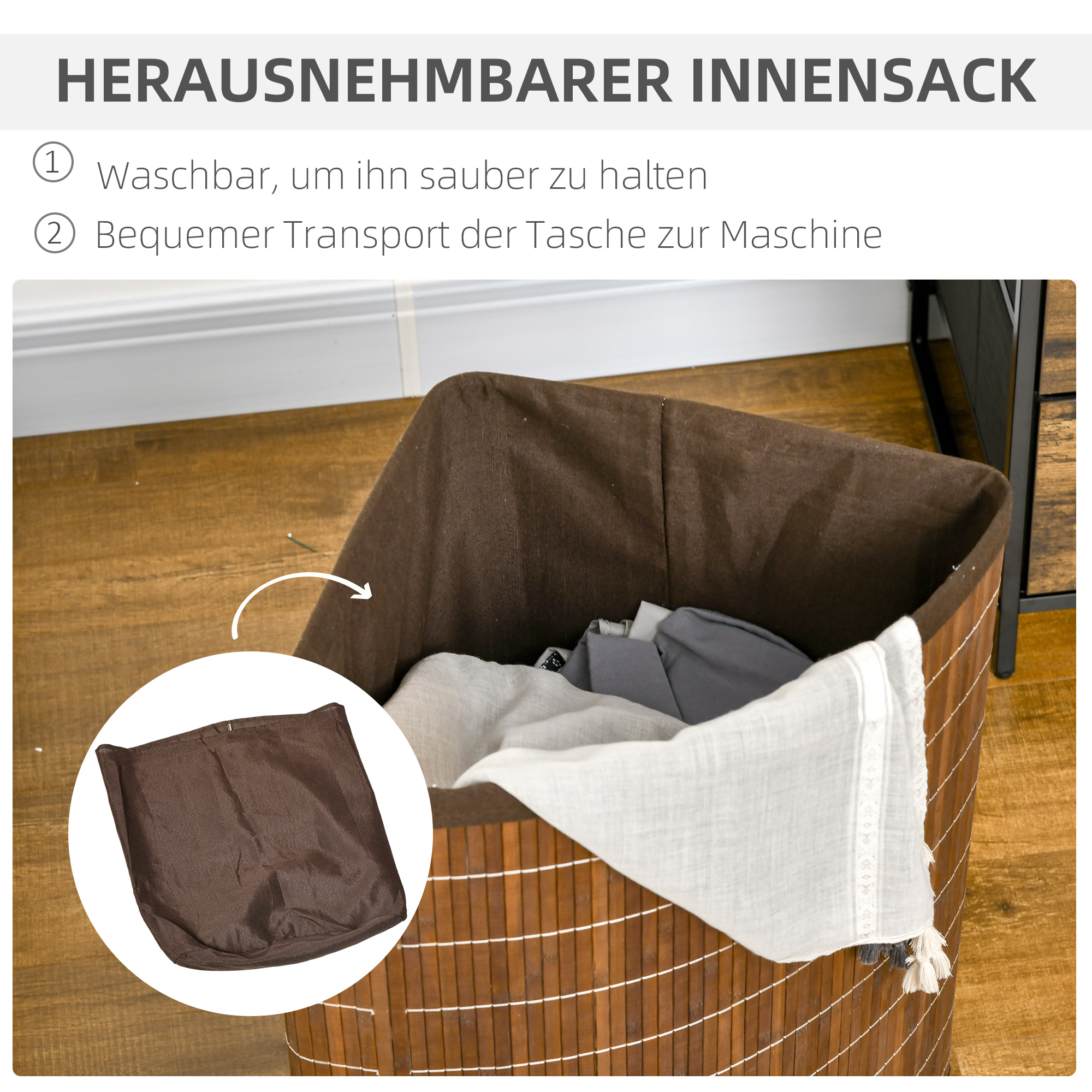 Wäschekorb Wäschesammler, 55L Fassungsvermögen, abnehmbarer Deckel, 38 cm x 38 cm x 57cm, Braun
