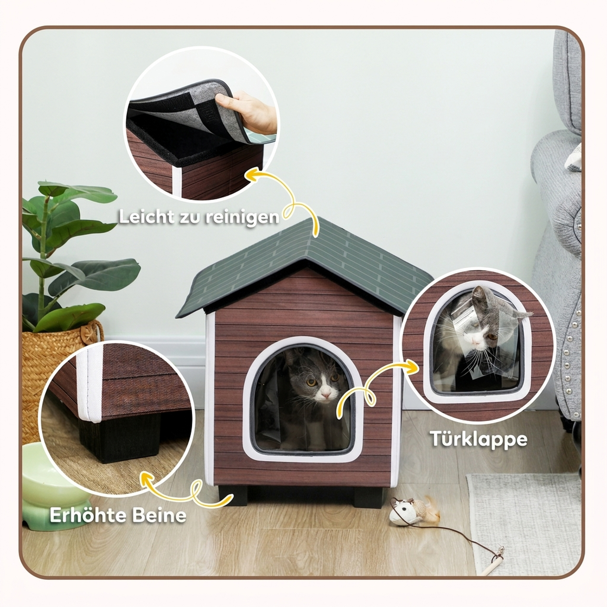 Katzenhaus isolierte Katzenhütte mit Kissen Eingang 44 x 42 x 45cm Wasserabweisend Oxford-Stoff Erhöht