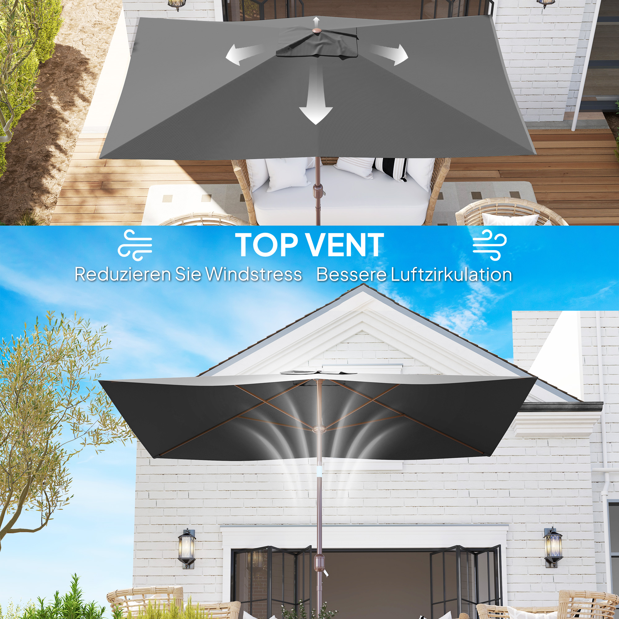 Sonnenschirm Ersatzbezug 2 x 3 m 6 Streben UV50+ & Wasserdicht Terrassenschirm Bespannung