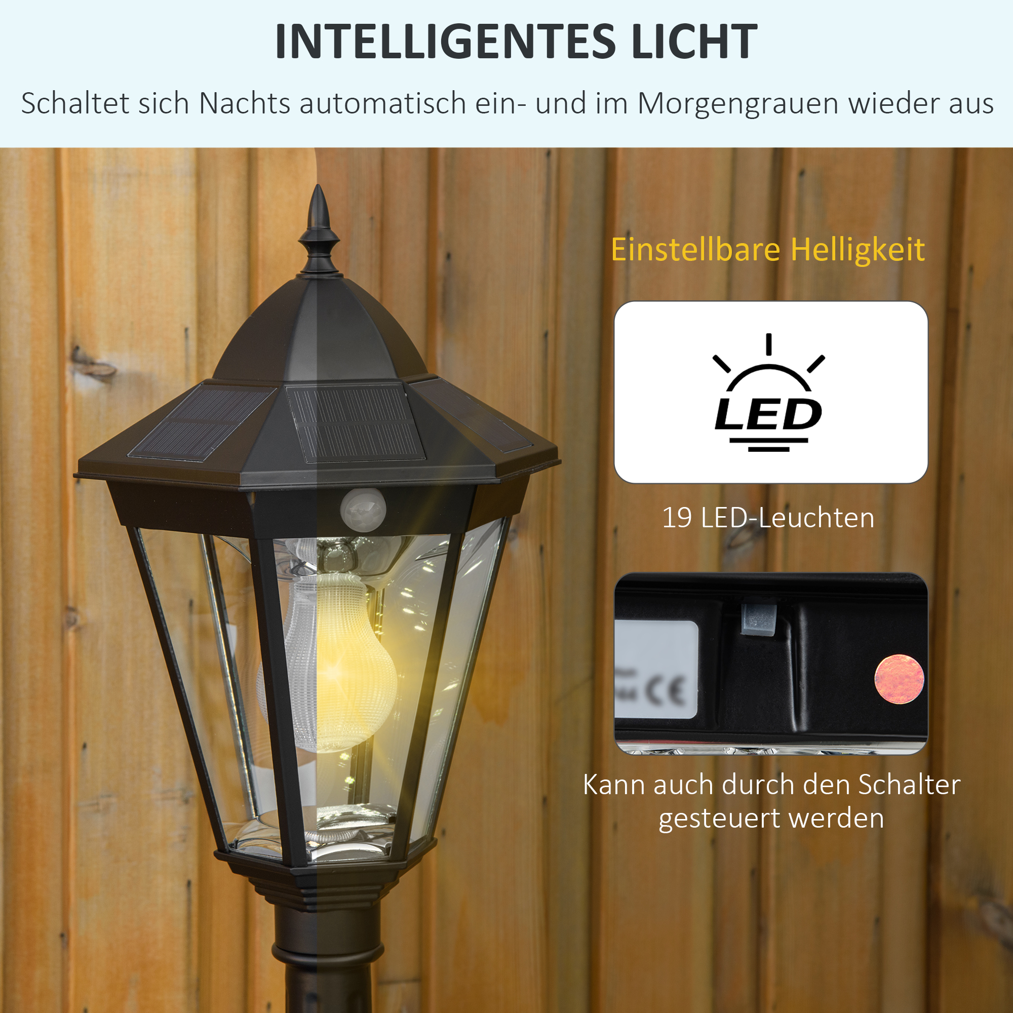 Solar Gartenlaterne Laterne Gartenleuchte Wegleuchte mit 19 LED 130 Lumen 3000K Aluminium gehärtetes Glas Schwarz 22 x 22 x 194 cm