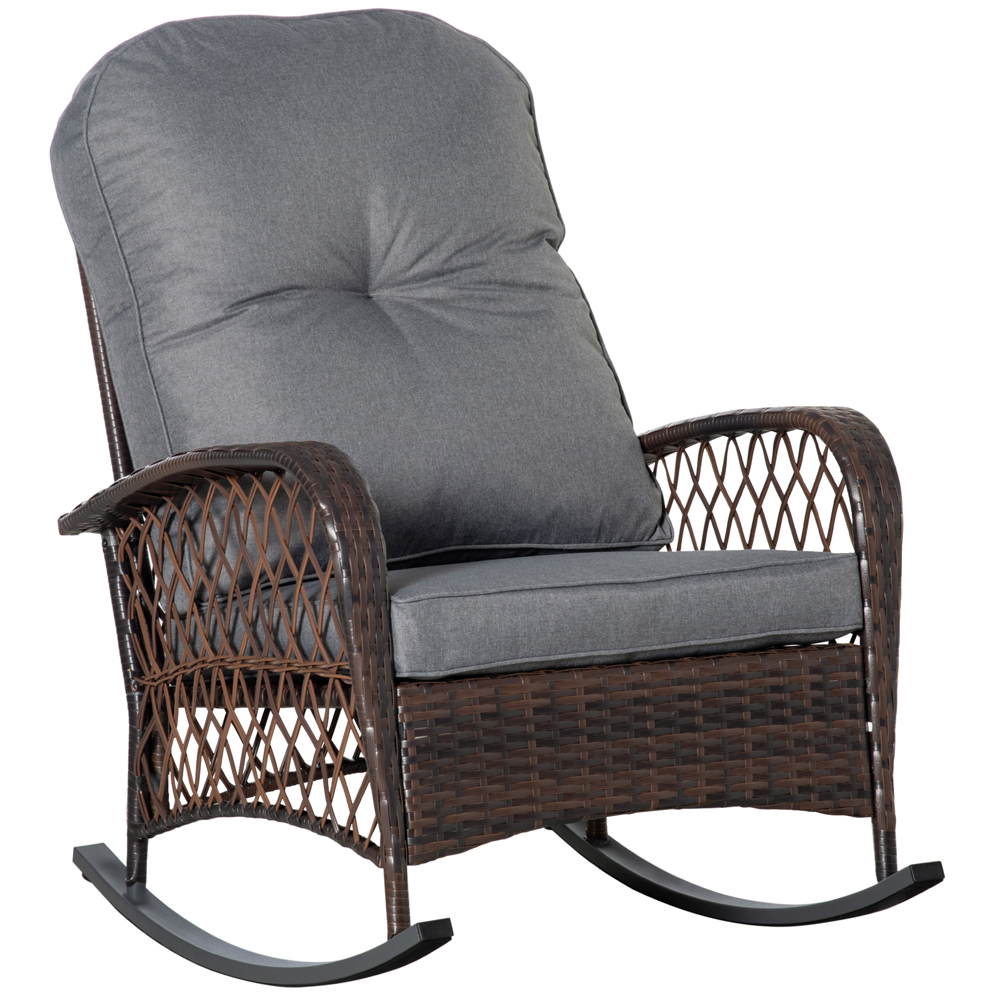Schaukelstuhl Polster mit Knopfheftung PE-Rattan Stahl Braun + Grau