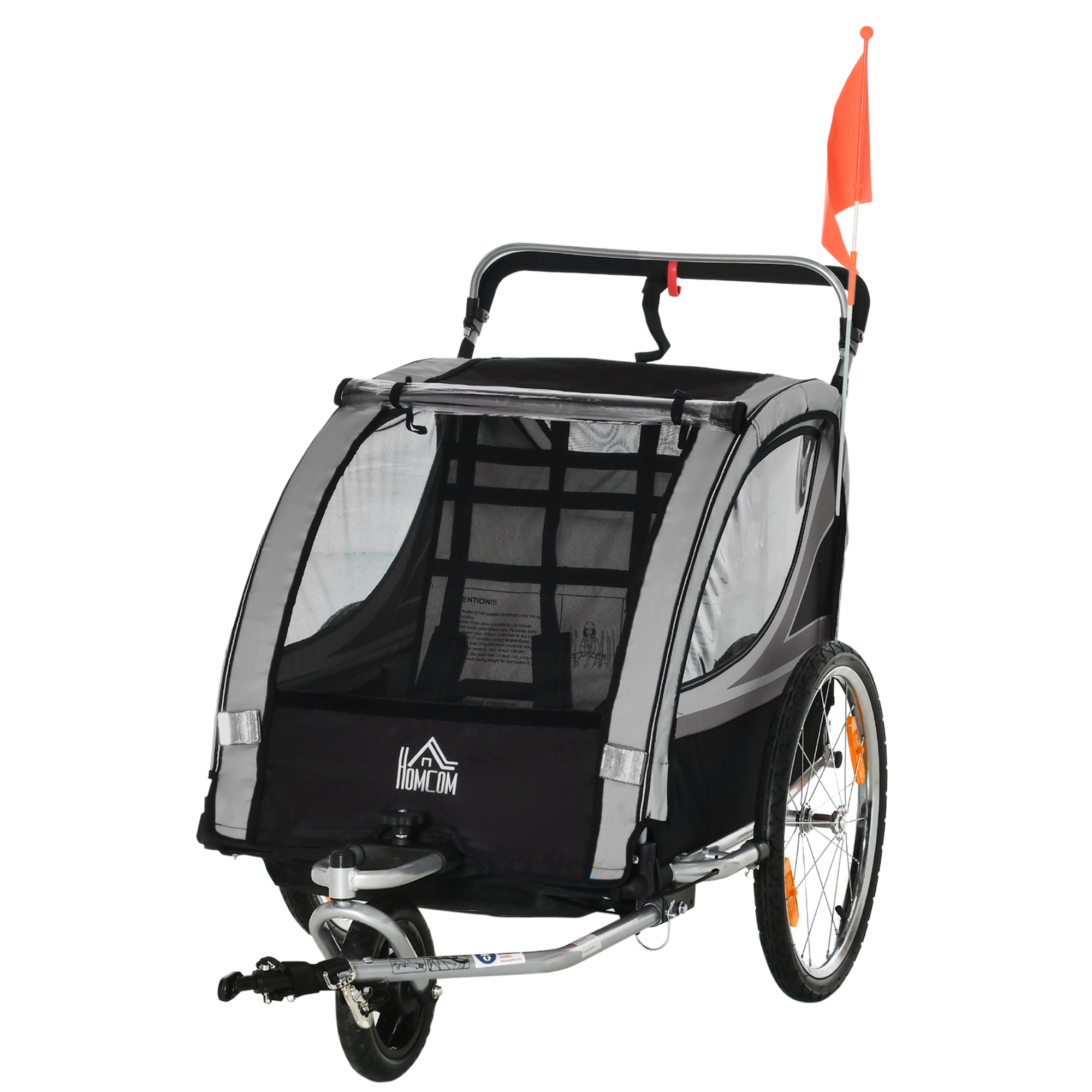 Kinderfahrradanhänger, Schiebewagen, mit Bremsen, klappbar, für 2 Kinder, Grau/Schwarz