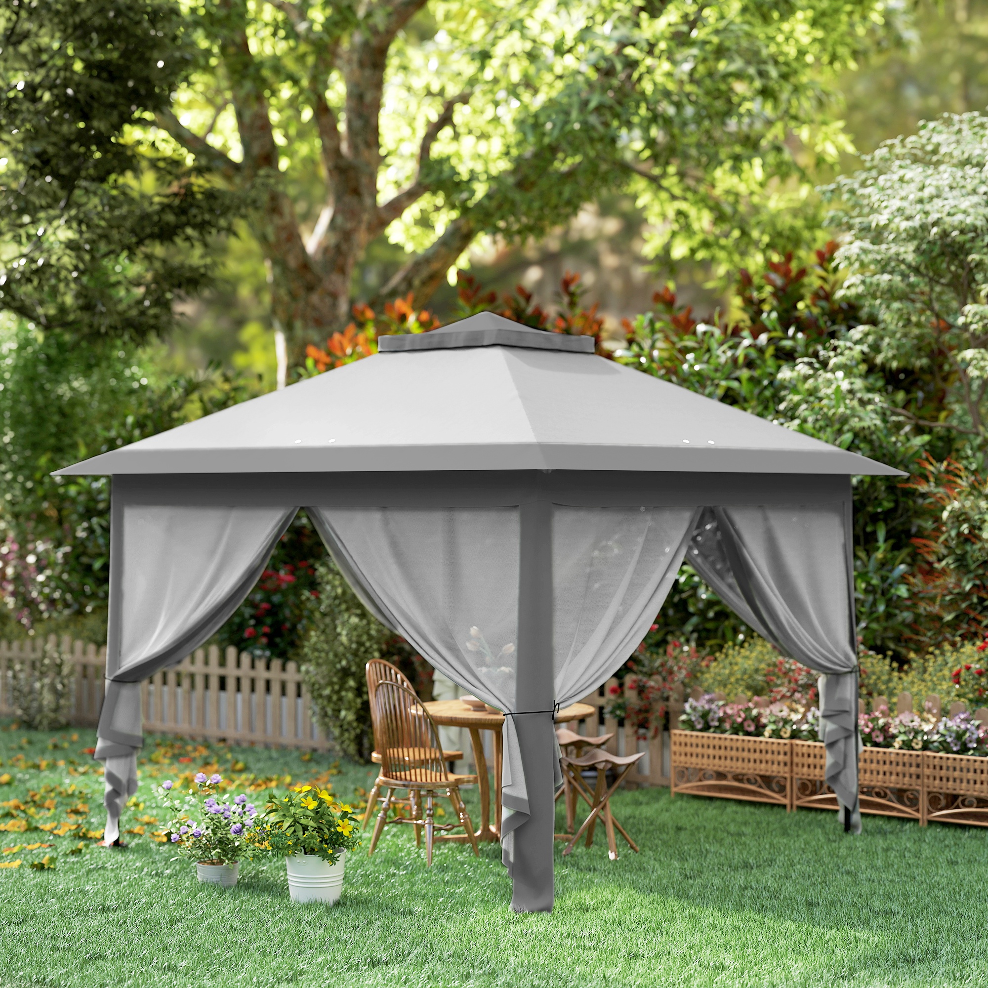 Faltpavillon, Gartenpavillon, Metall und Stoffplane, Netzvorhänge, Entwässerungslöcher, 330L x 330B x 288H cm, Grau
