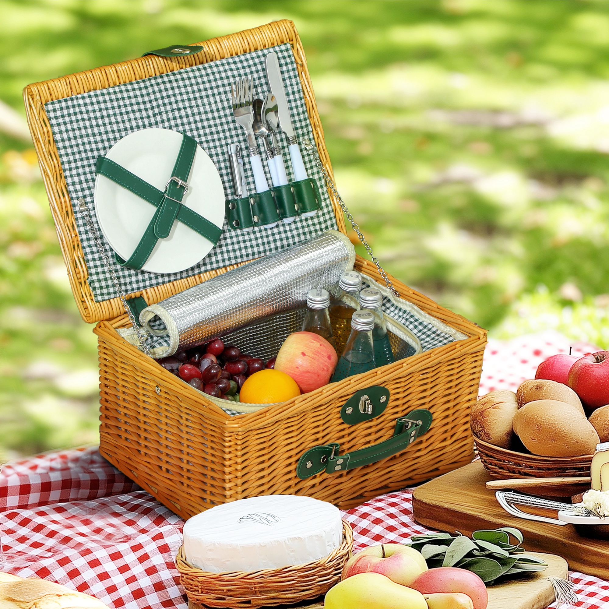 Picknickkorb aus Weidenholz Picknickkoffer für 2 Personen mit Isoliert Kühlfach Besteck Set Hellbraun