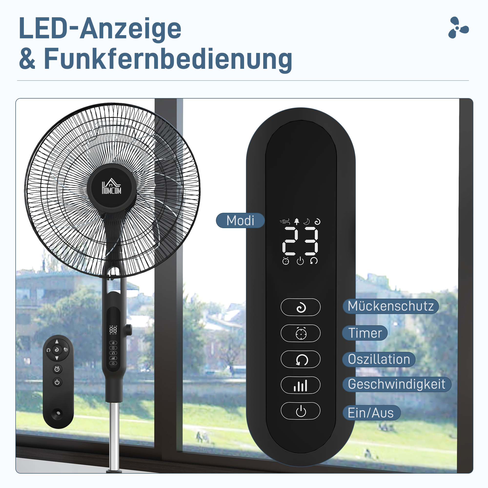 Standventilator leise mit Fernbedienung, 3 Modi, 28 Geschwindigkeiten, Mückenschutz & Oszillation, Schwarz