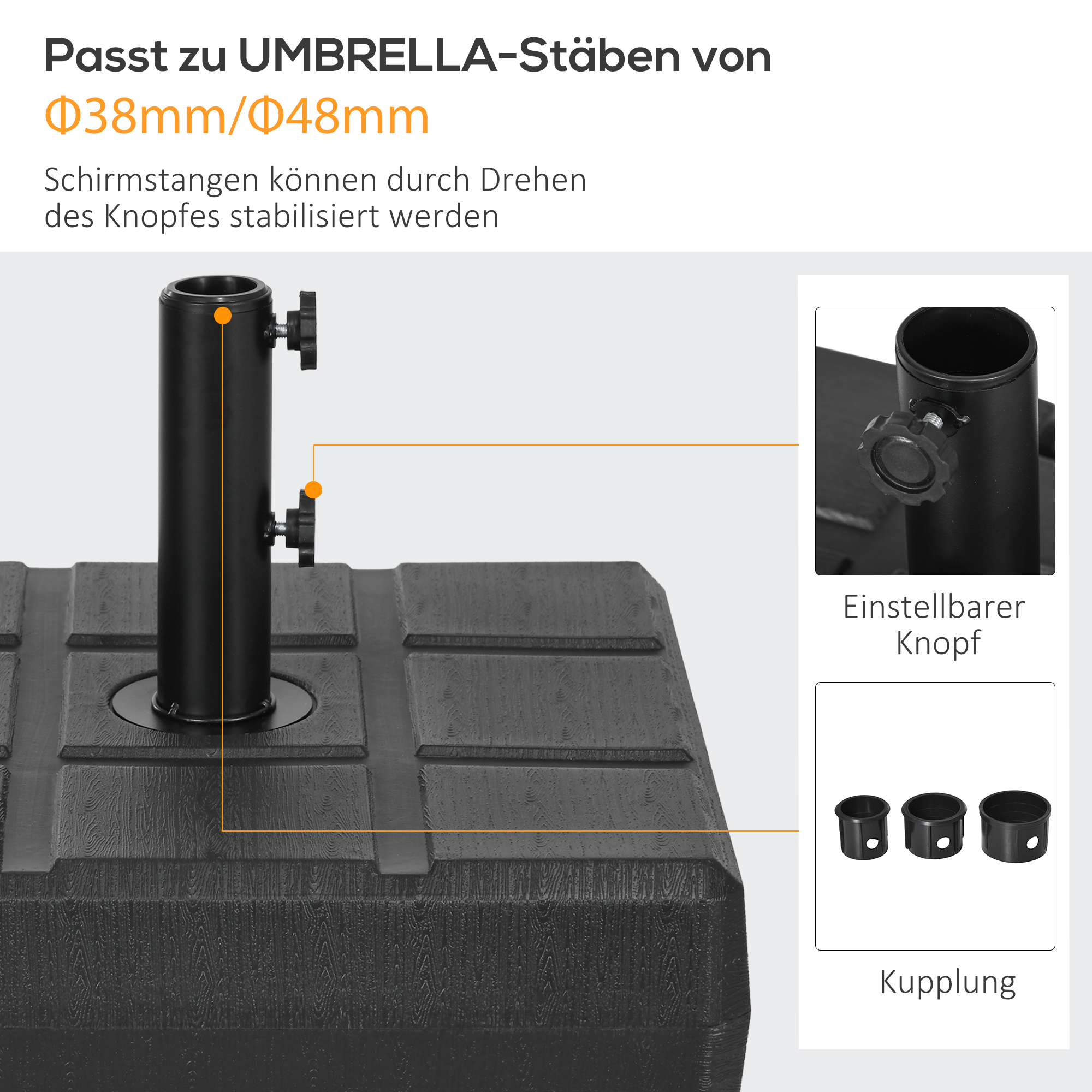 Sonnenschirmständer bis 40 kg befüllbar Schirmständer mit Griff, Quadratisch Schirmhalter Schwarz