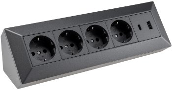 4-fach Steckdosenblock, USB-A+C, anthraz / 250V~/ 16A, Aufbaumontage, USB 3,1A, PD