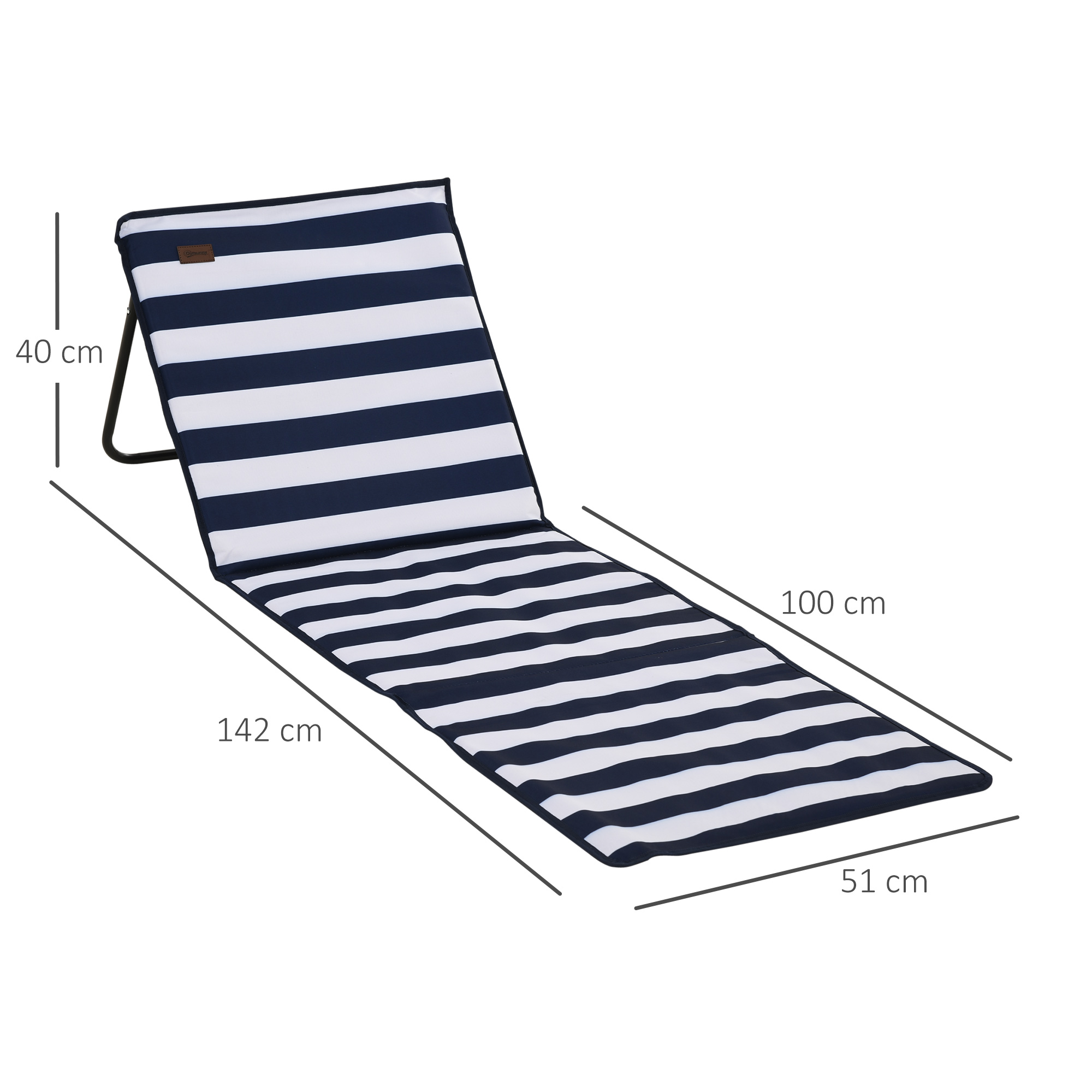 Strandliege, klappbar, verstellbare Rücklehne, Seitentasche, weiche Polsterung, Stahlrahmen, blau+weiß, 142x51x40cm