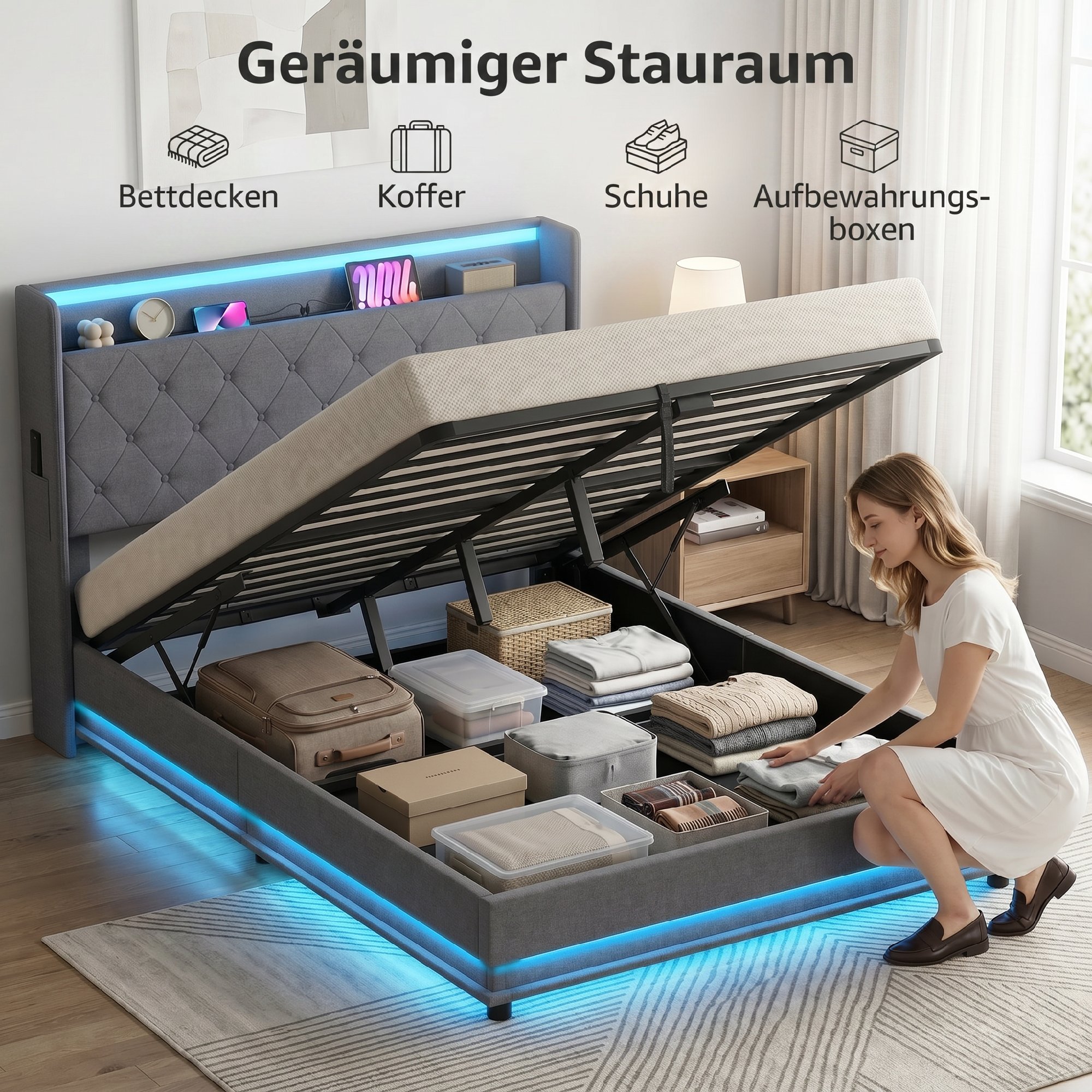Bettgestell 140 x 200 cm mit Kopf- und Fußteil, Plattformbett mit hydraulischem Stauraum, LED-Lichtern